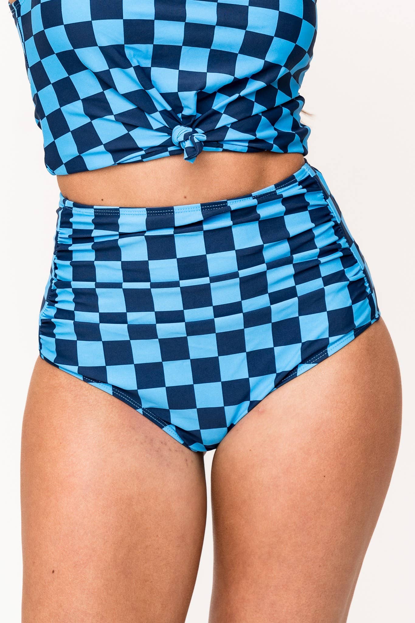 Coral Reef Swim - Blue Check High Waisted Ruched Swim Bottoms