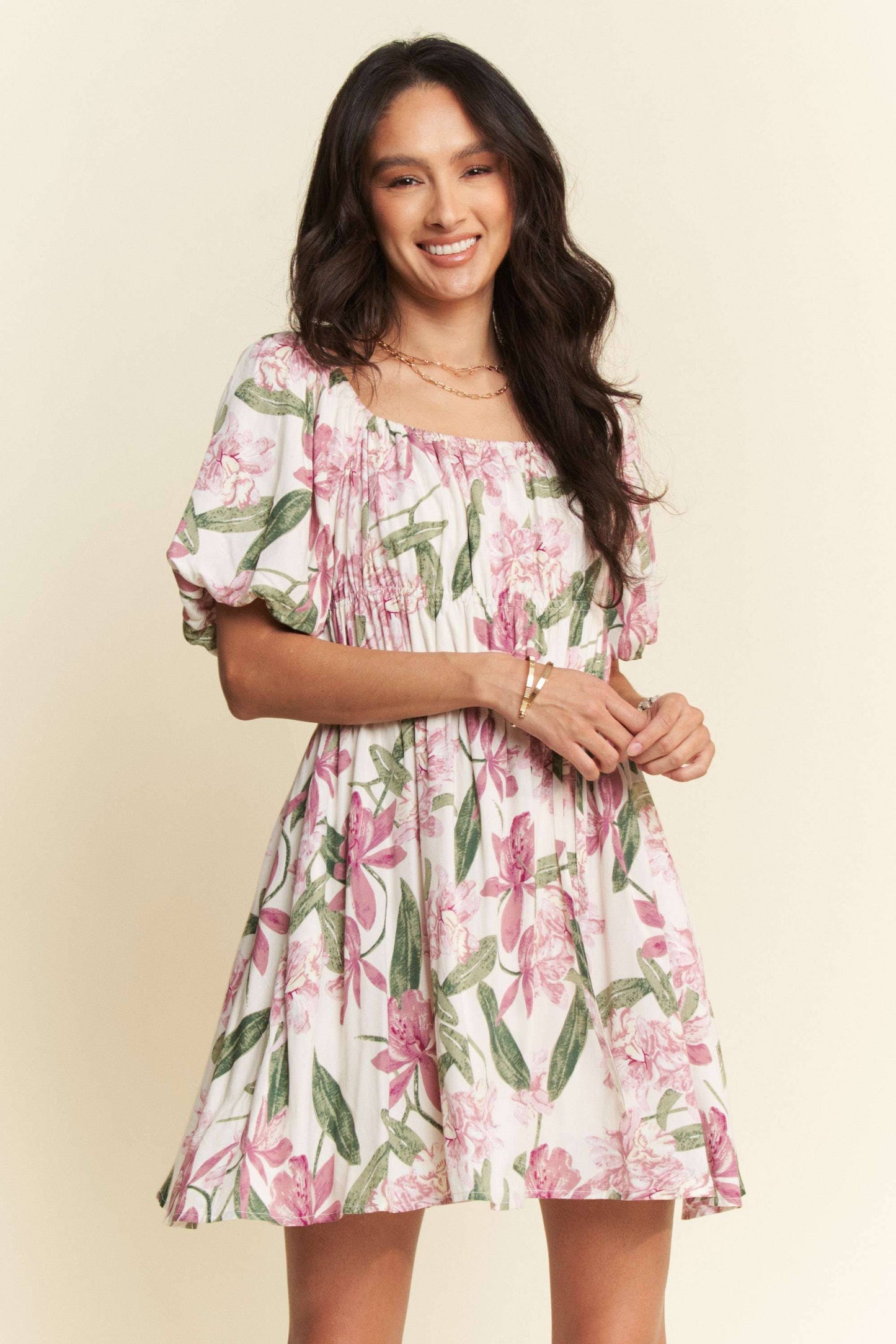Davi & Dani - FLORAL SQUARE NECK PUFF SLEEVE A-LINE SHORT DRESS