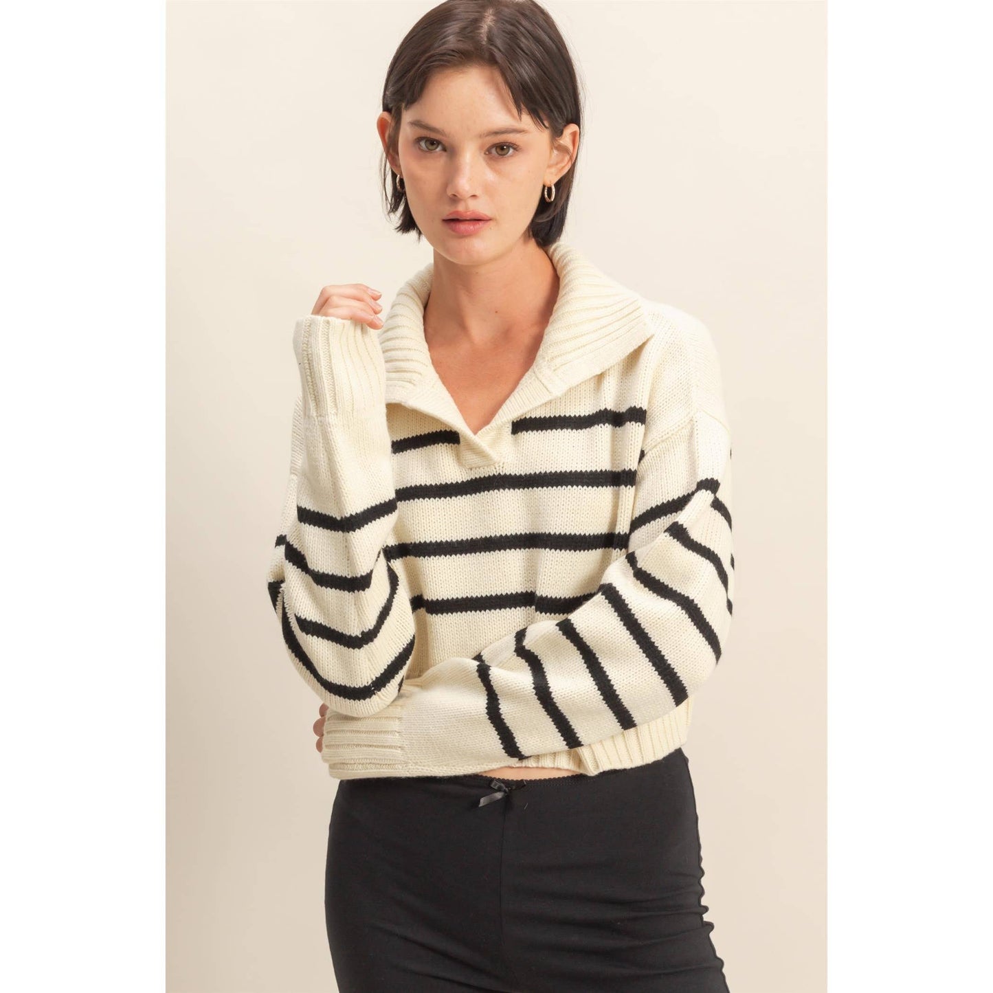 HYFVE - Ribbed Collar Striped Crop Sweater