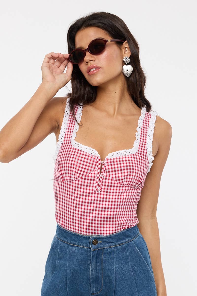 Sky to Moon - VIVID GINGHAM EYELET LACE TRIM CASUAL BODYSUIT