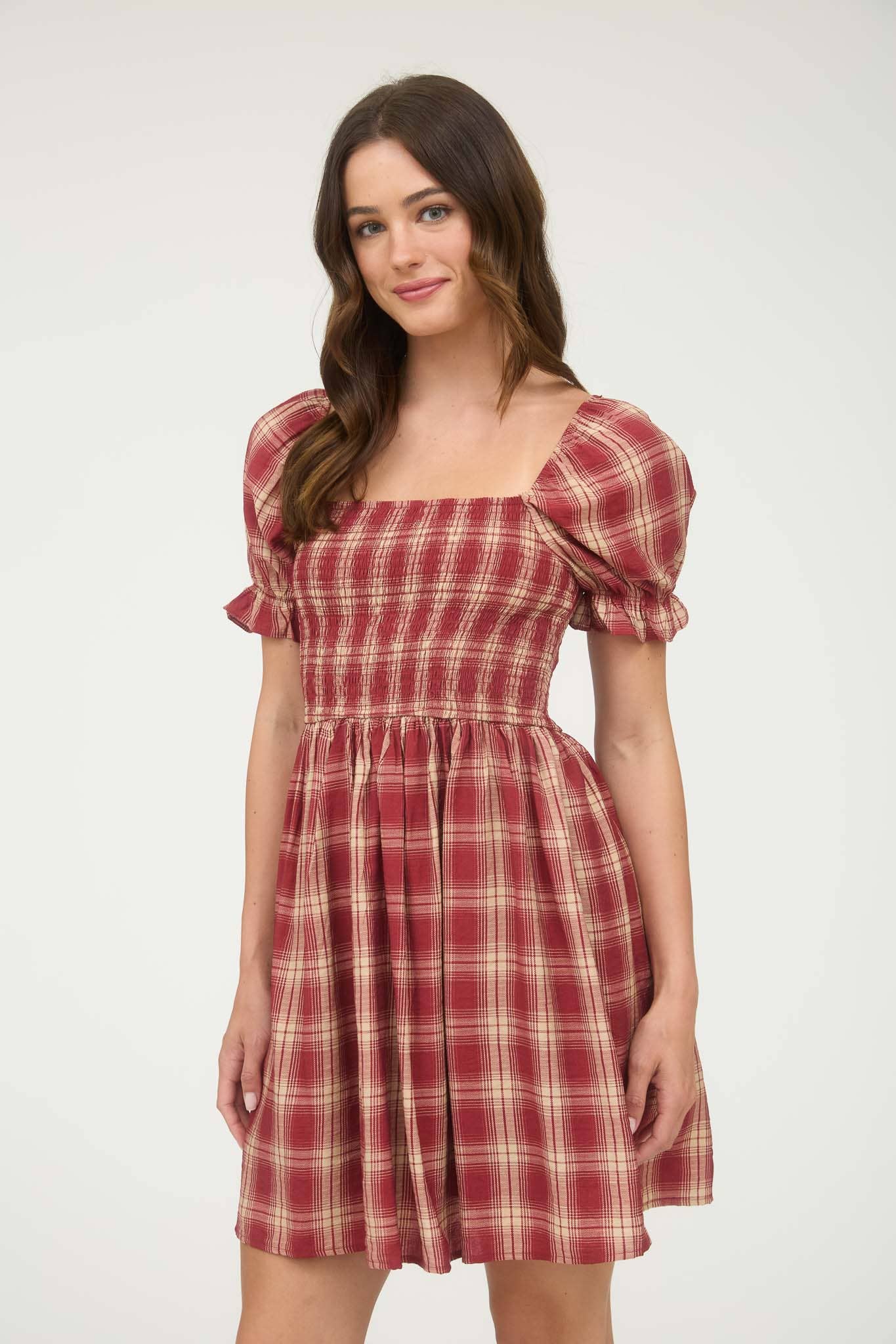 Blu Pepper - PLAID SMOCKED PUFF SLEEVE MIDI DRESS