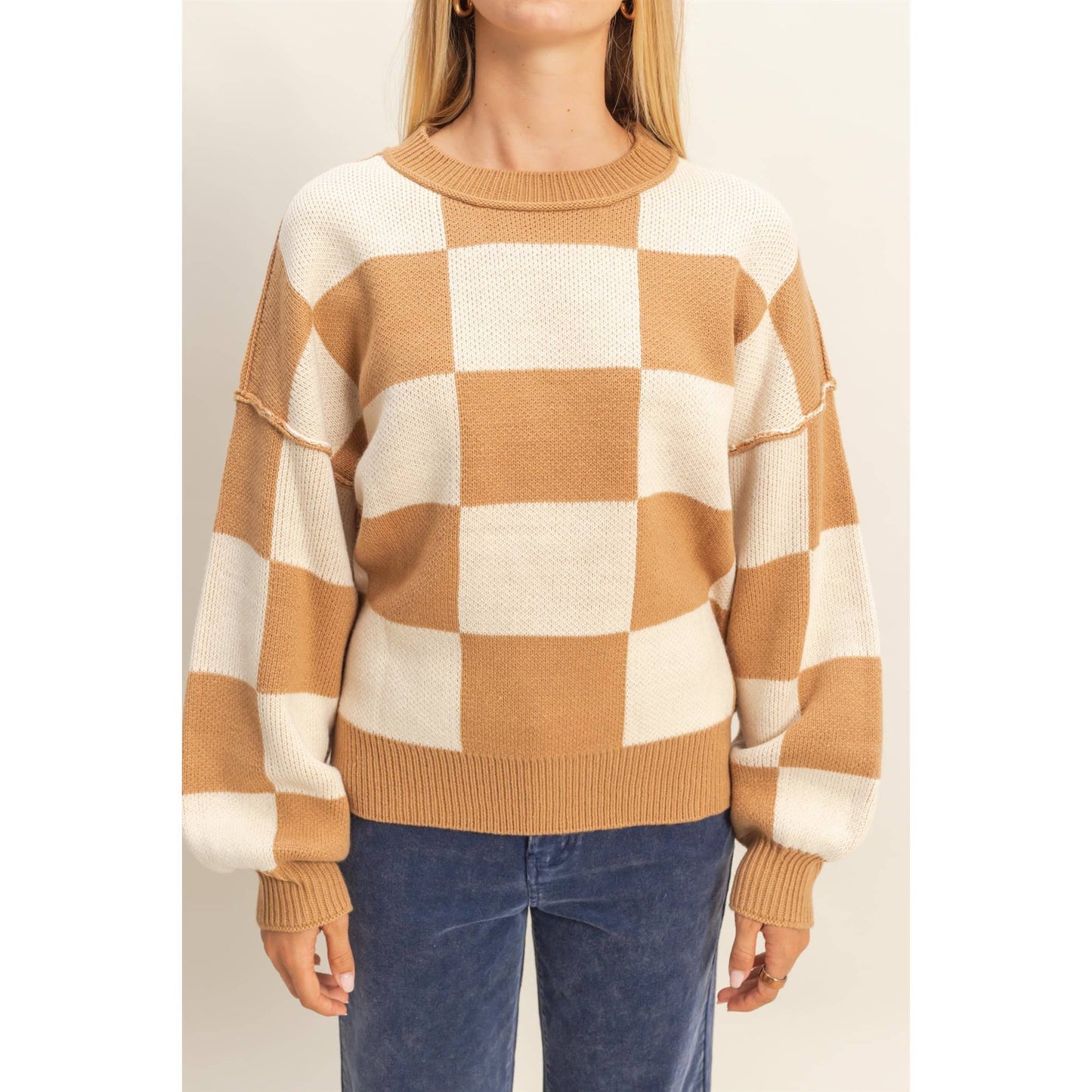 HYFVE - Trendy Crew Neck Checkered Knit Sweater