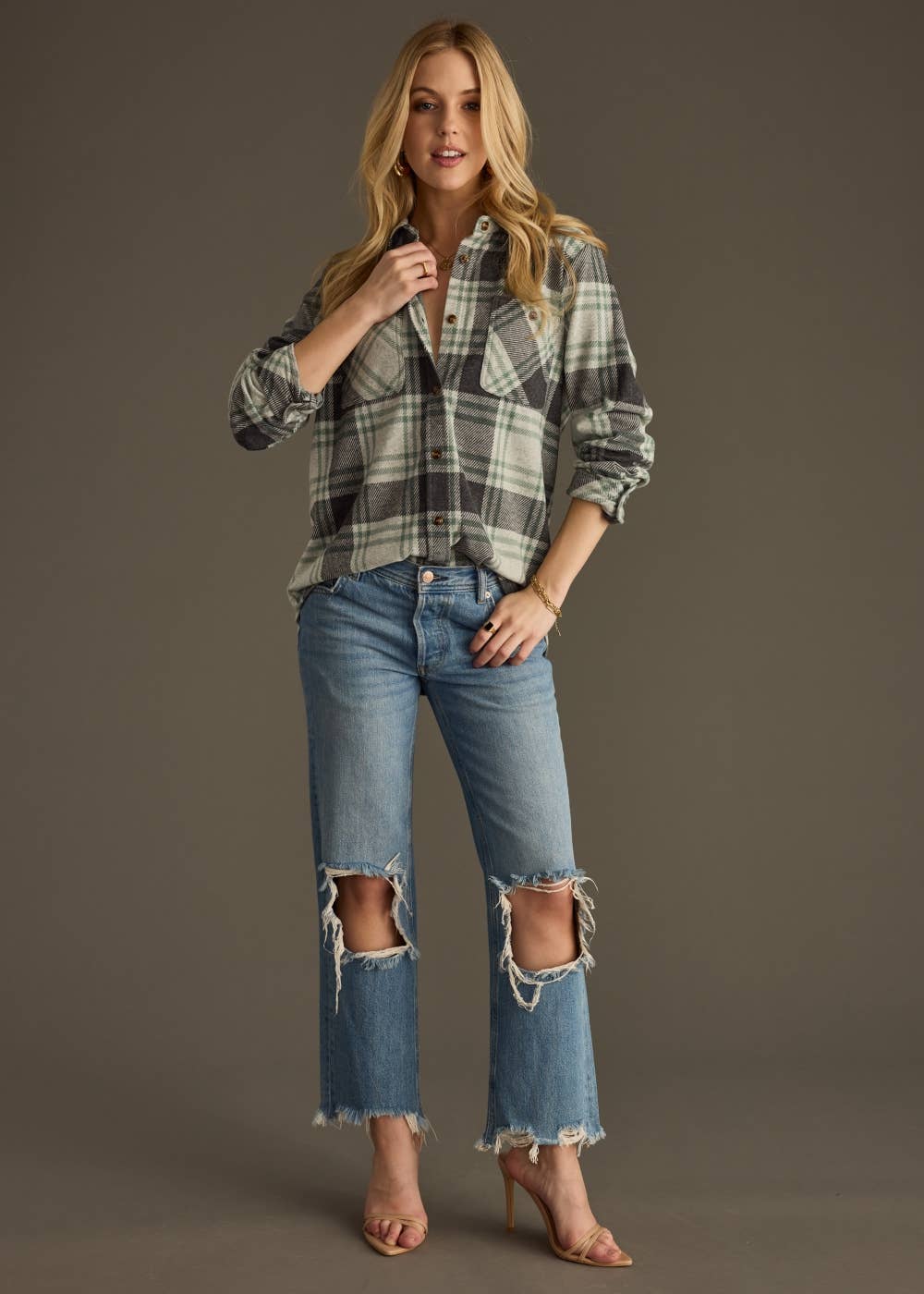 Panache Apparel Co. - Charcoal & Green Plaid Button Up