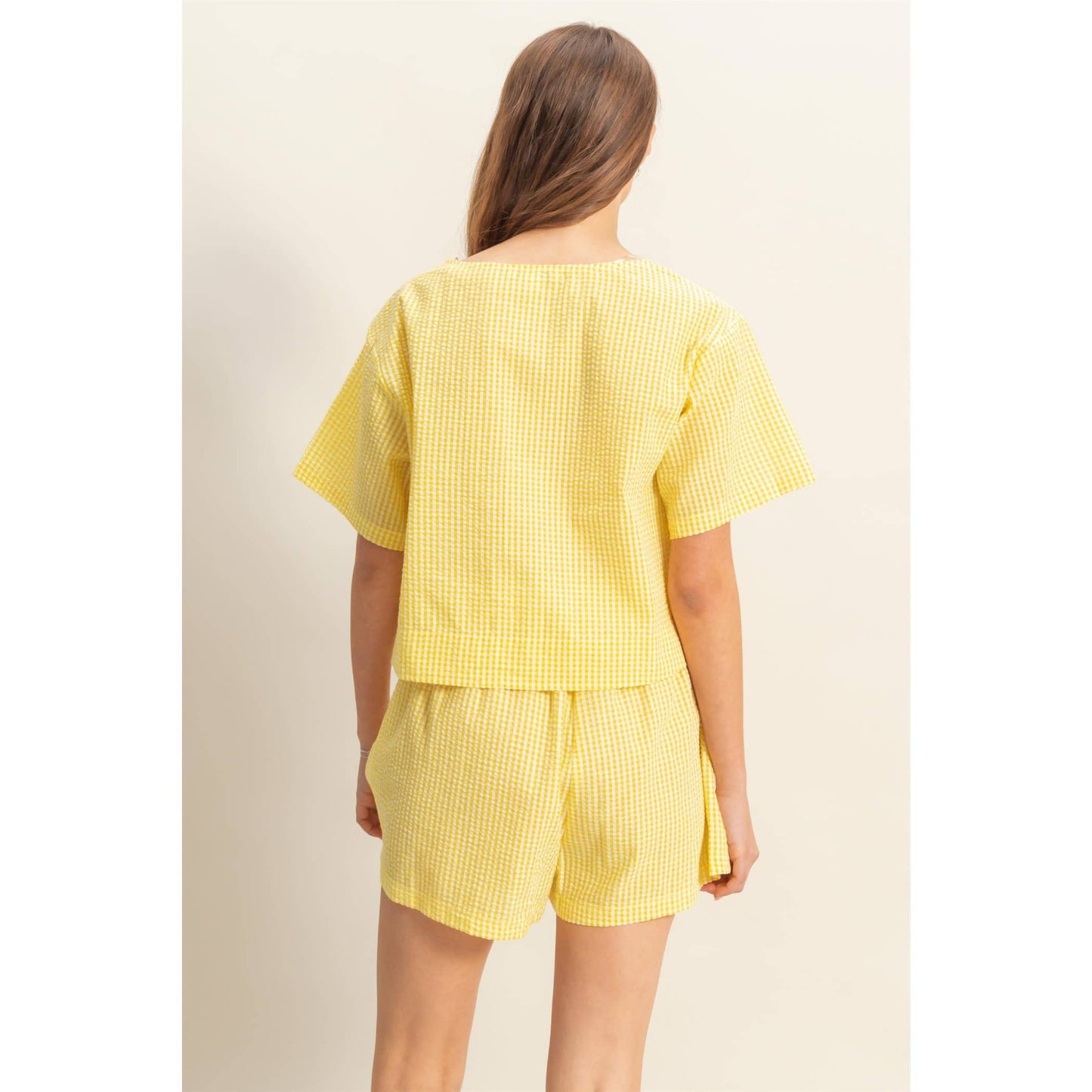 HYFVE-SET-Cute Gingham Front Tie Top And Shorts Set