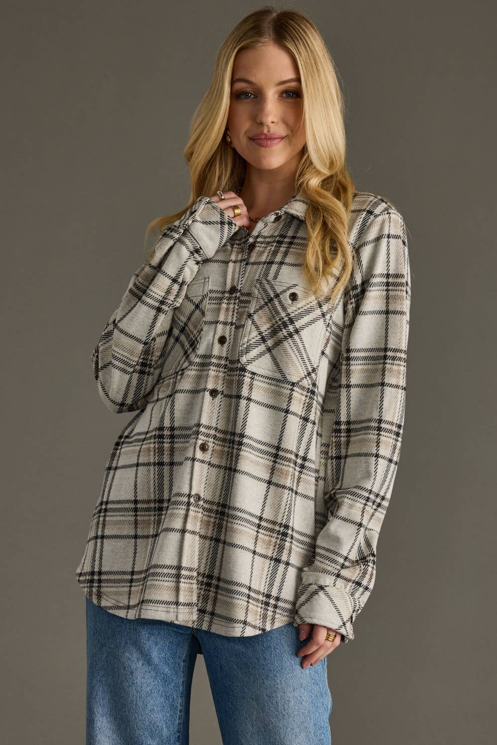 Panache Apparel Co. - Taupe, Black & Tan Plaid Button Up