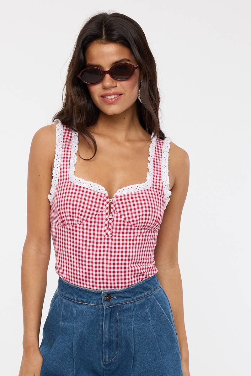 Sky to Moon - VIVID GINGHAM EYELET LACE TRIM CASUAL BODYSUIT