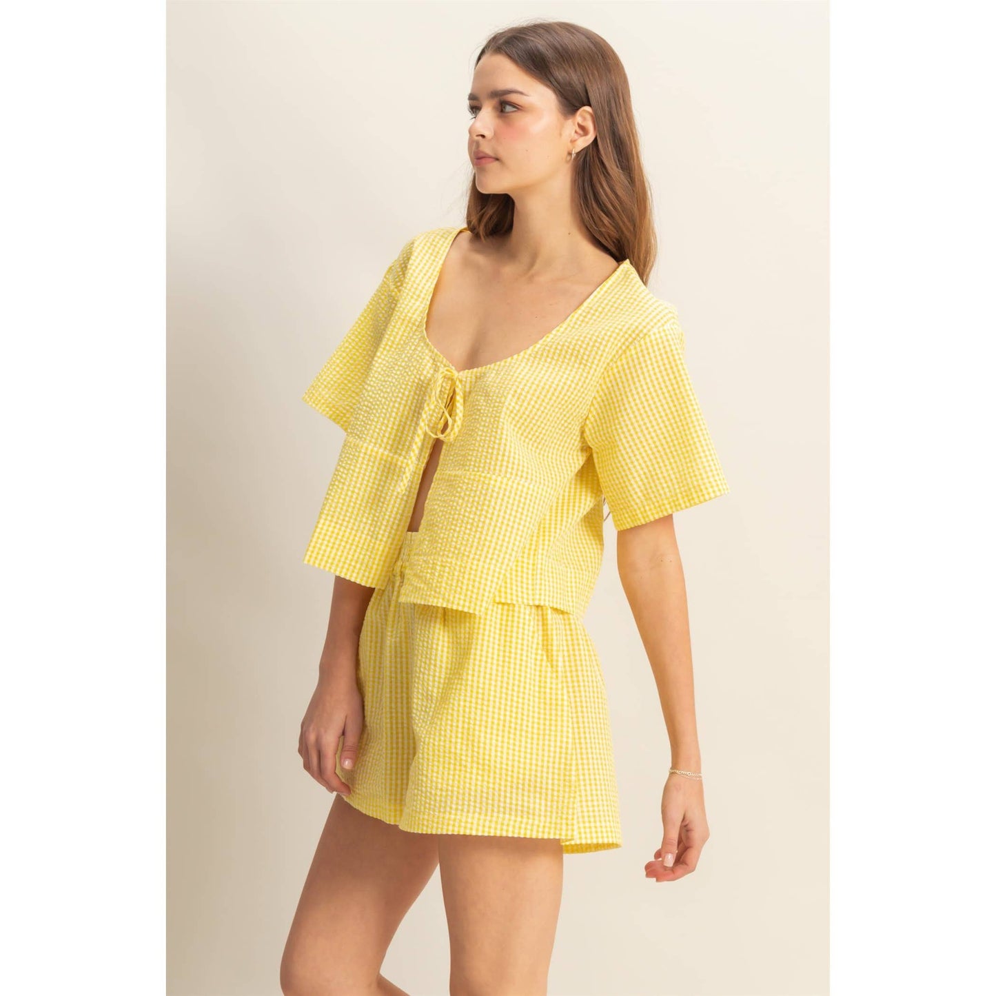 HYFVE-SET-Cute Gingham Front Tie Top And Shorts Set
