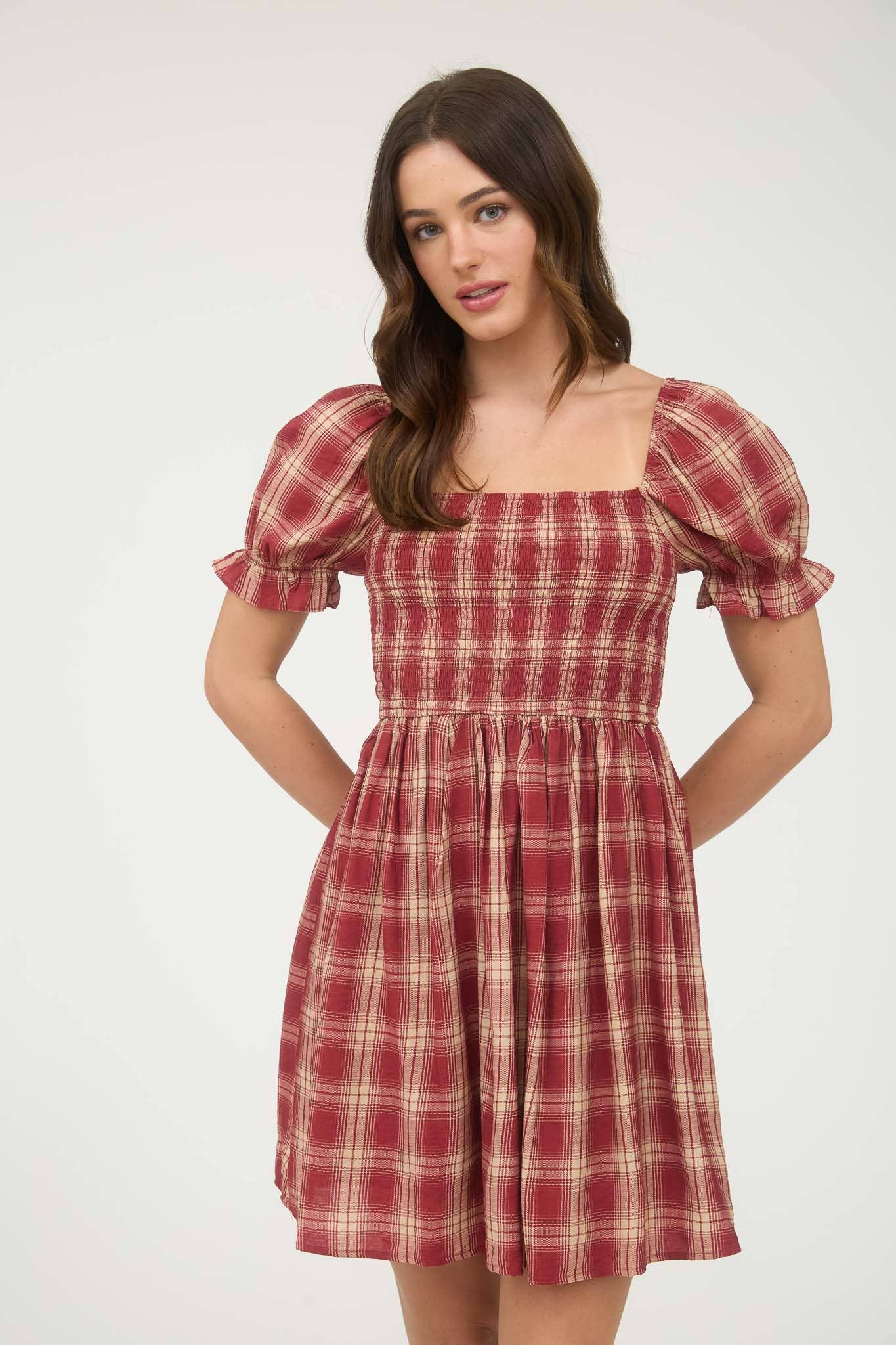 Blu Pepper - PLAID SMOCKED PUFF SLEEVE MIDI DRESS