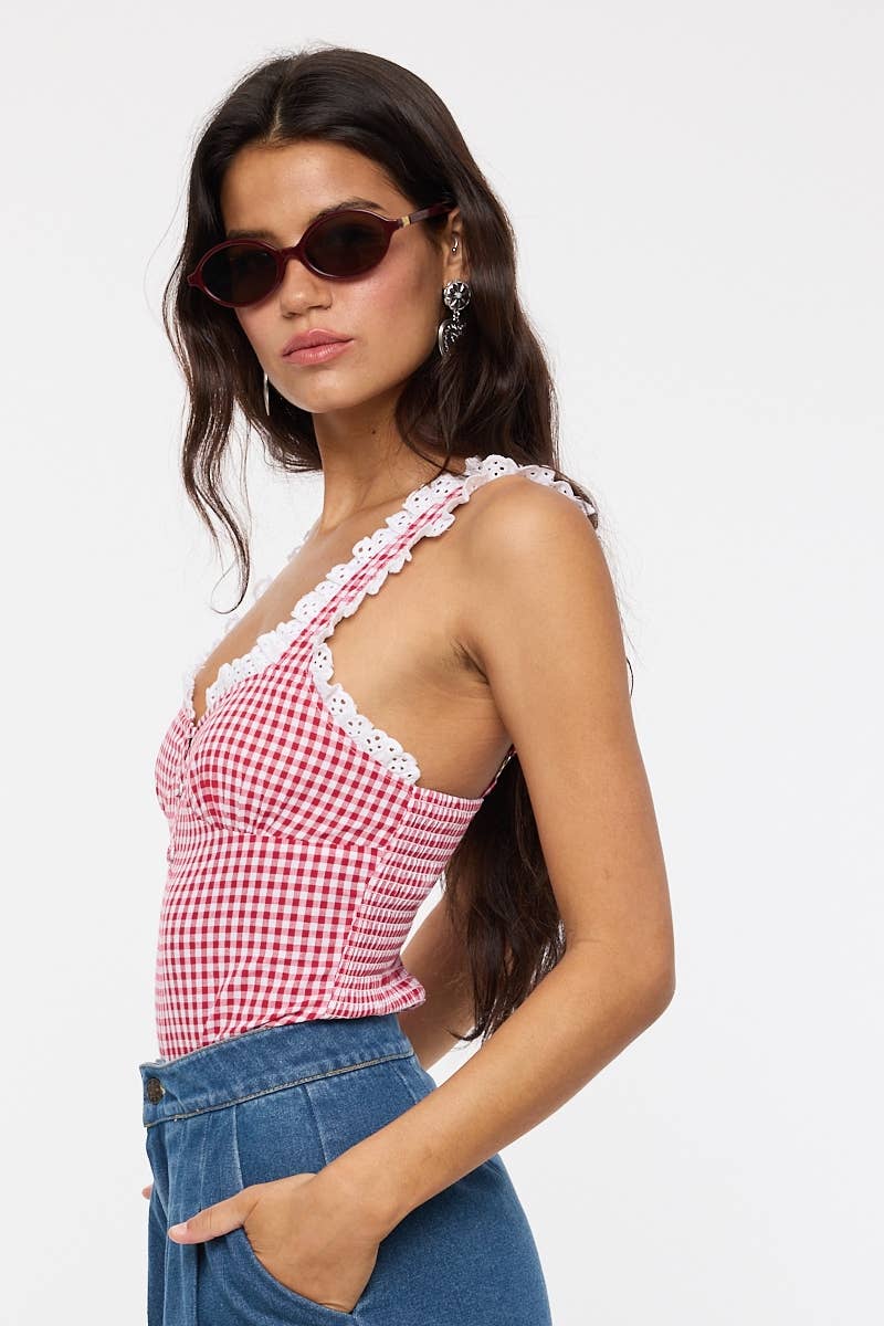 Sky to Moon - VIVID GINGHAM EYELET LACE TRIM CASUAL BODYSUIT