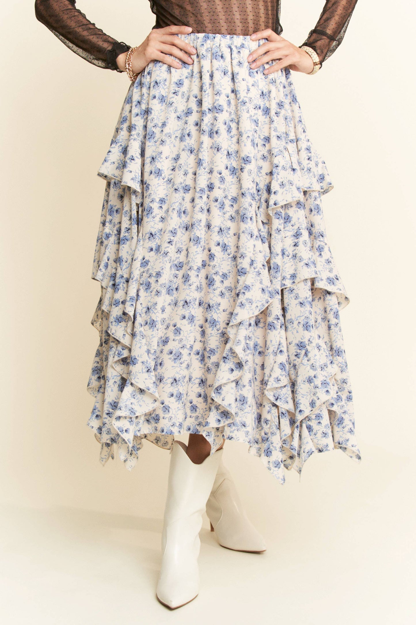 Davi & Dani - FLORAL ELASTIC WAISTBAND RUFFLE TIERED MAXI SKIRT