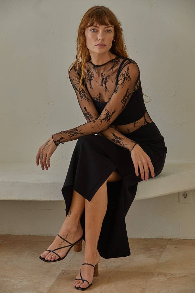 By Together - Knit Jacquard Lace Long Sleeve Mock Neck Top