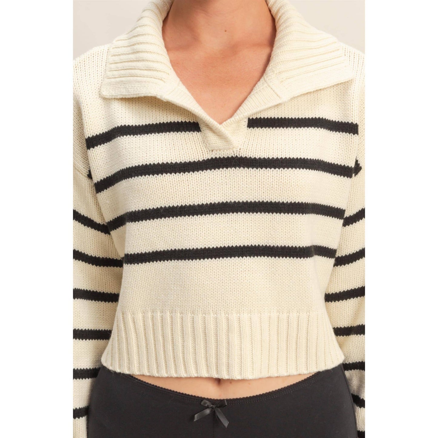 HYFVE - Ribbed Collar Striped Crop Sweater