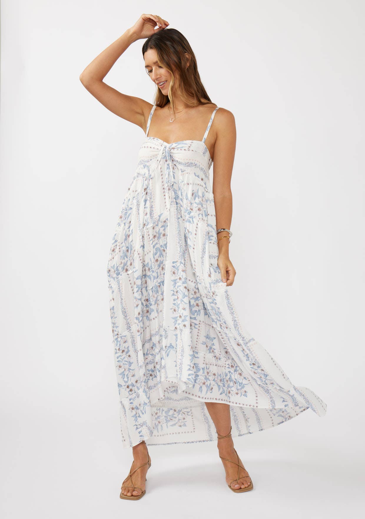 Lovestitch - Hi-Lo Spaghetti Strap Patchwork Ruffle Maxi Dress