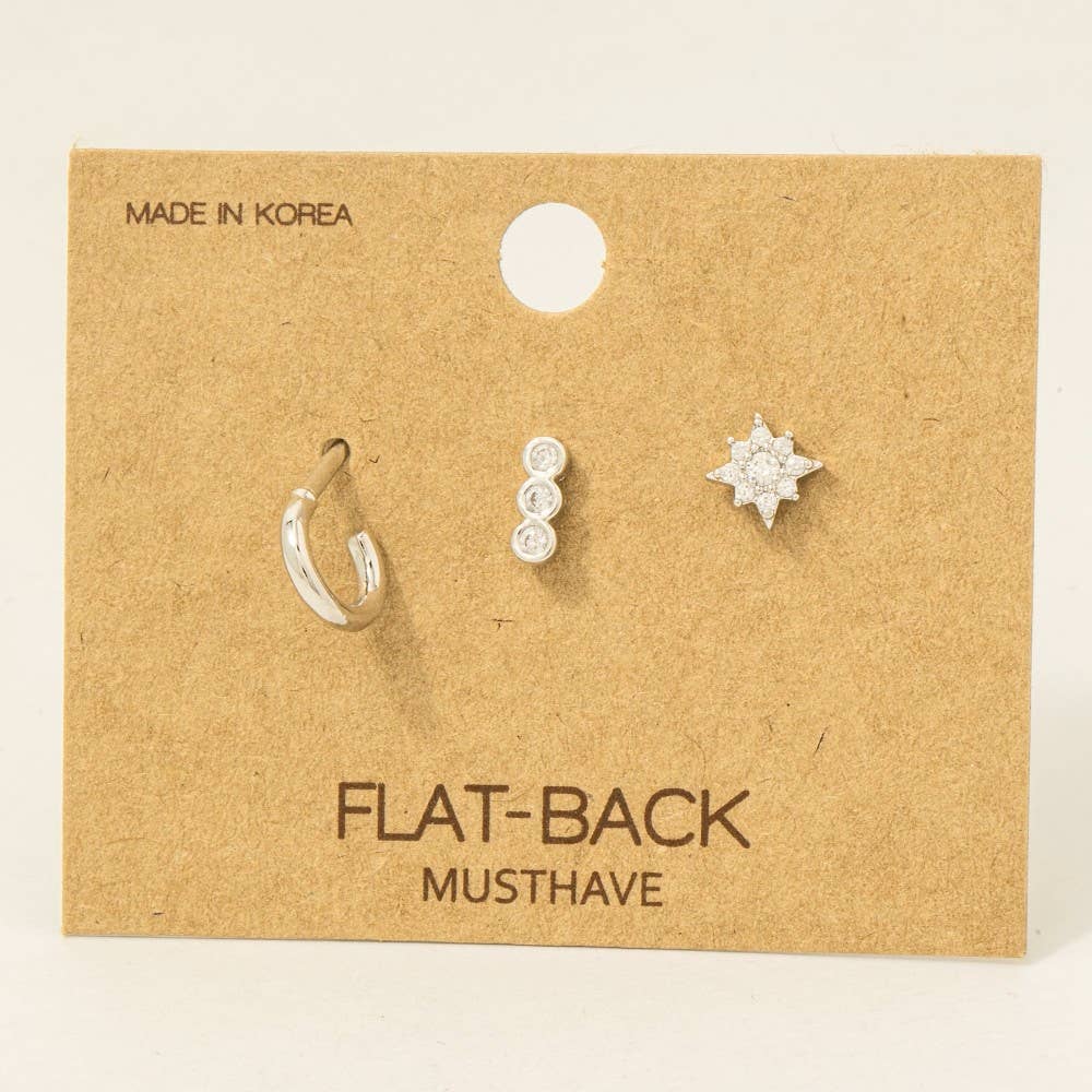 Fame Accessories - Gold Dipped 3Pc Hoop And Cz Flat Back Stud Earrings Set