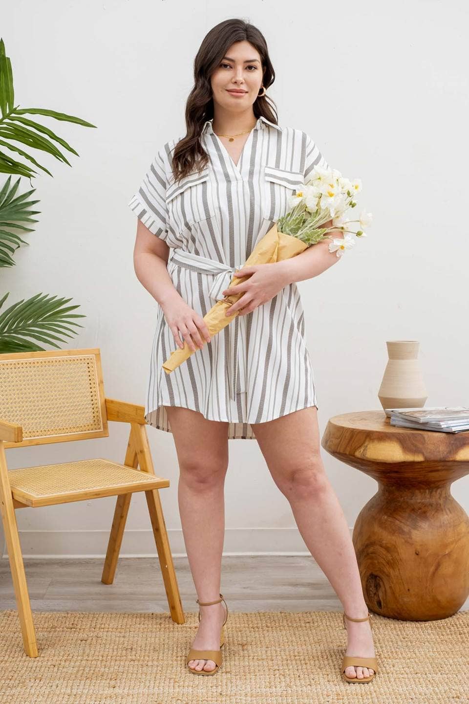 MINE - PLUS SIZE STRIPE COLLARED SHORT SLEEVE BELTED SHIRT DRESS