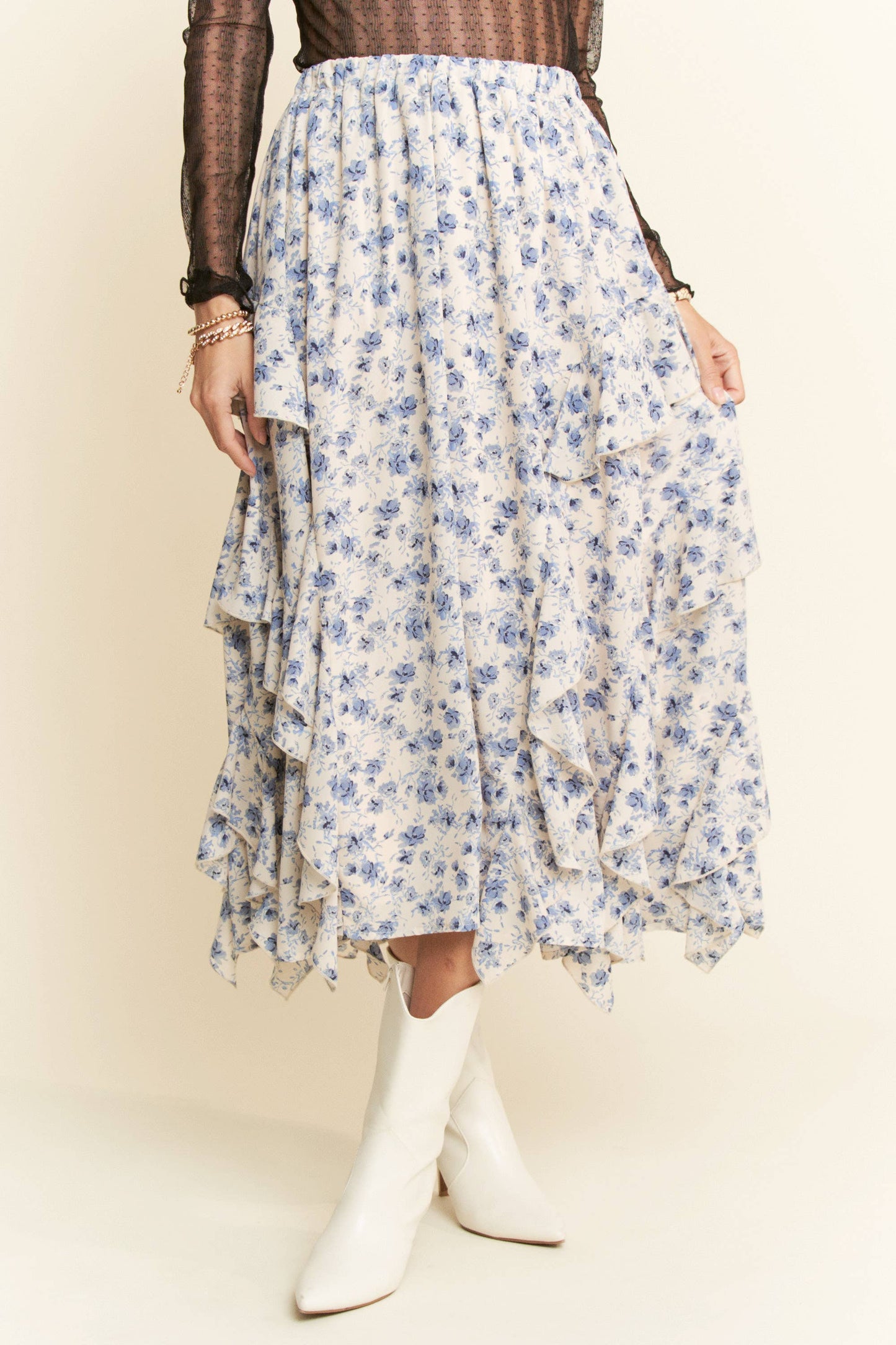 Davi & Dani - FLORAL ELASTIC WAISTBAND RUFFLE TIERED MAXI SKIRT