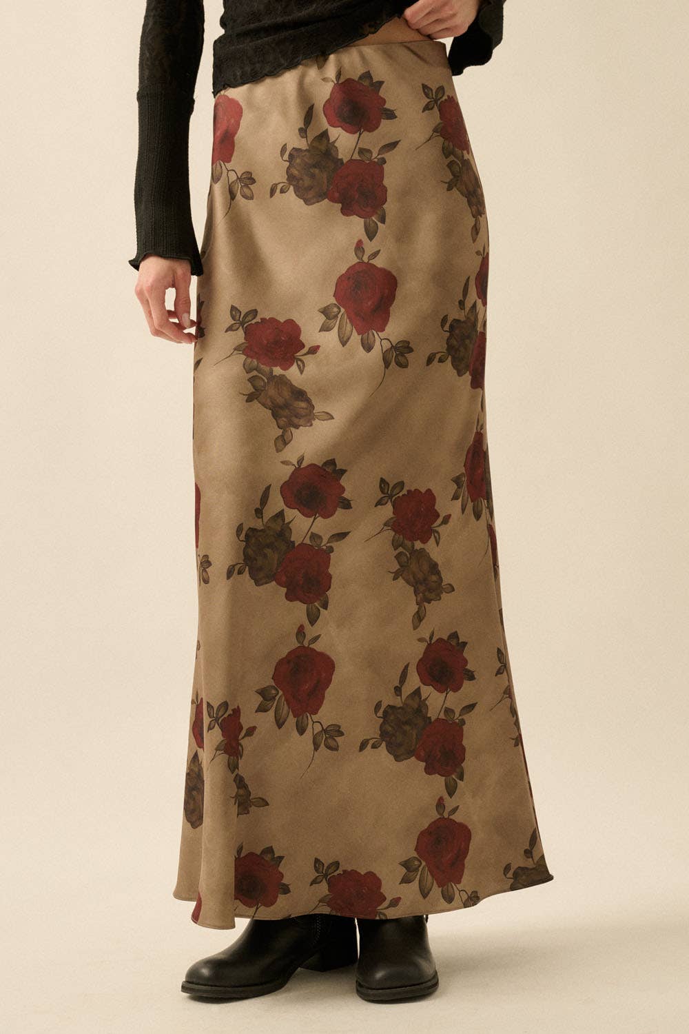 Promesa USA - Floral-Print Satin Elastic-Waist Maxi Skirt