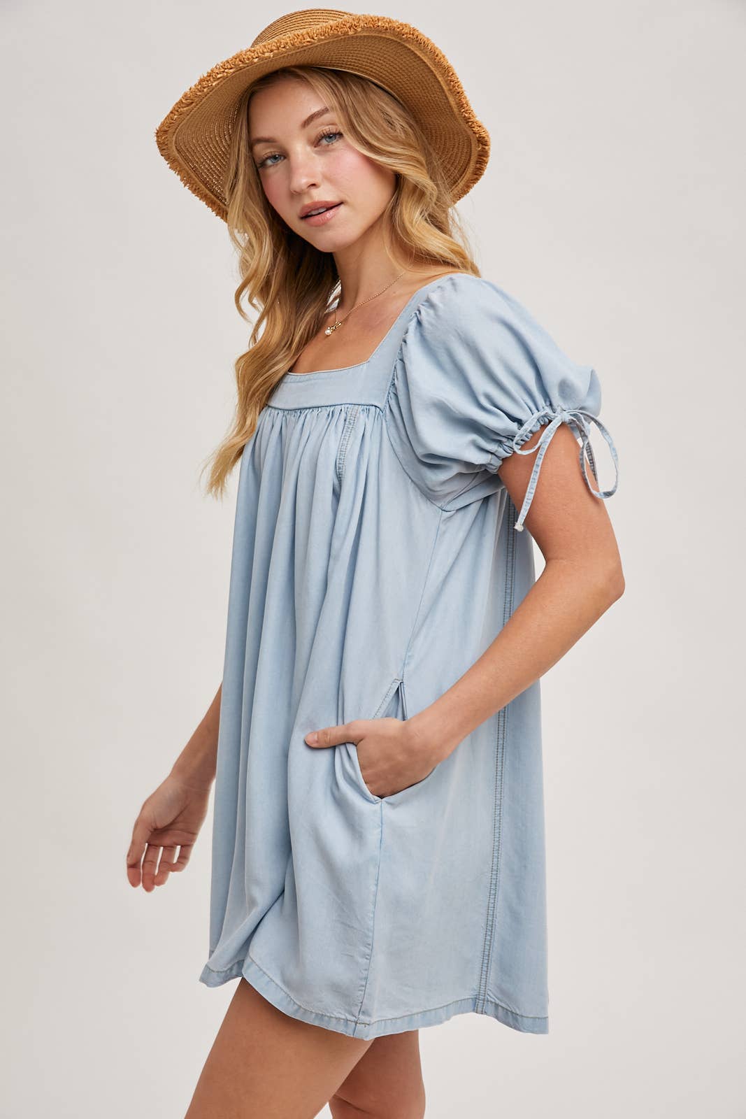 Bluivy - DENIM SQUARE NECK BABYDOLL DRESS WITH POCKETS