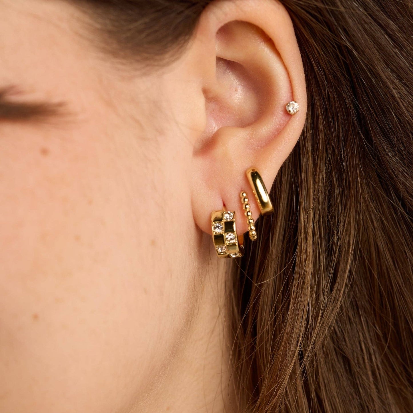 Nickel and Suede - Gold Pavé Checkered Huggies