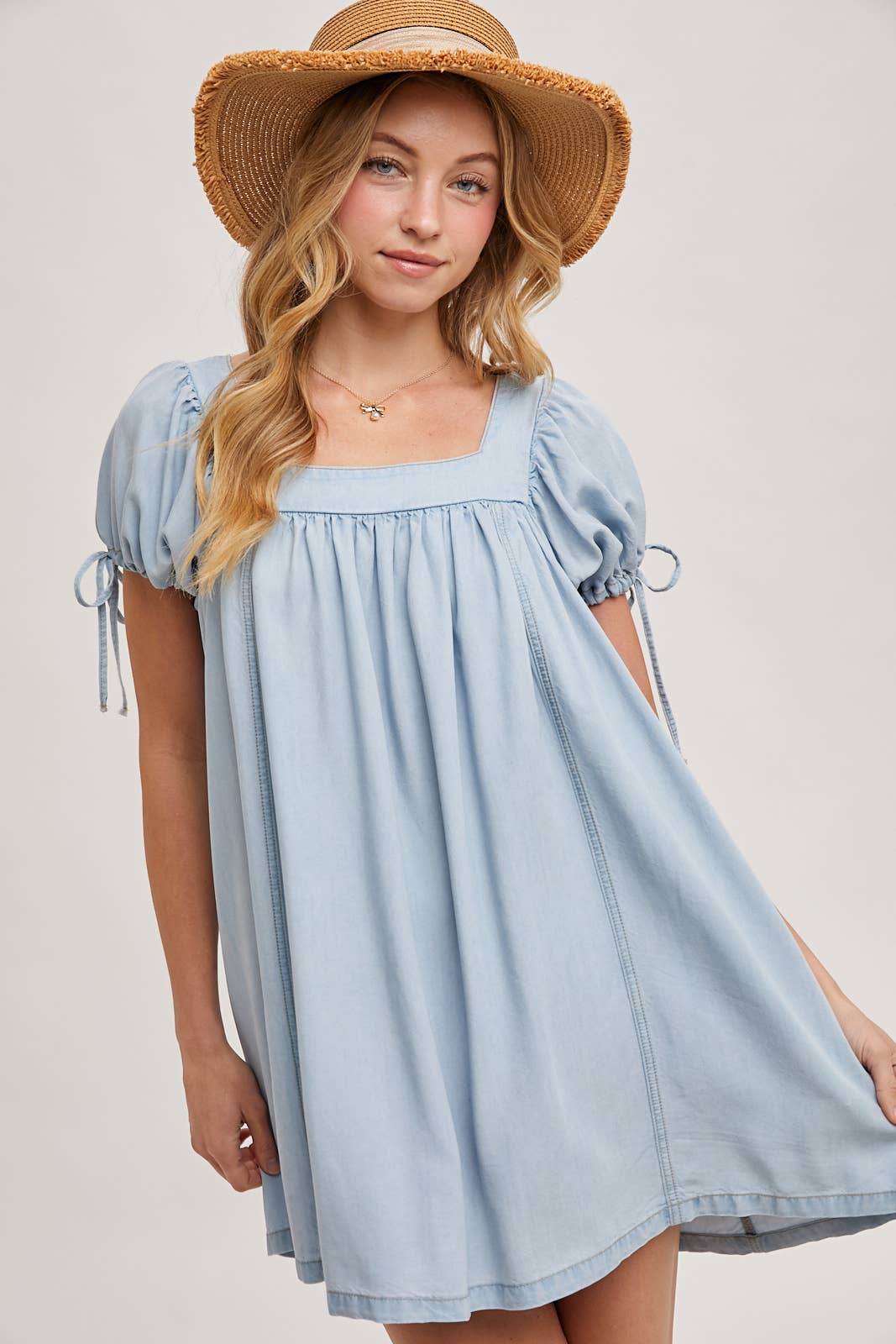 Bluivy - DENIM SQUARE NECK BABYDOLL DRESS WITH POCKETS