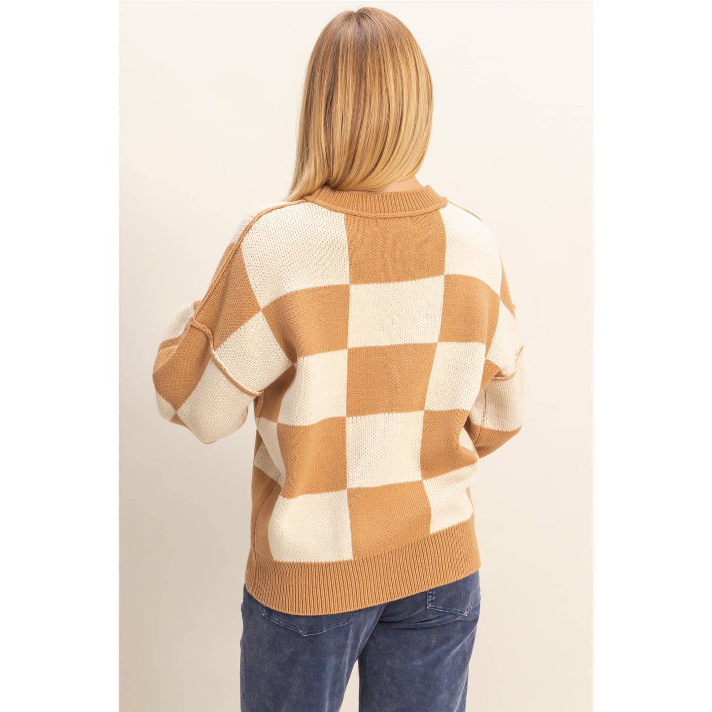 HYFVE - Trendy Crew Neck Checkered Knit Sweater