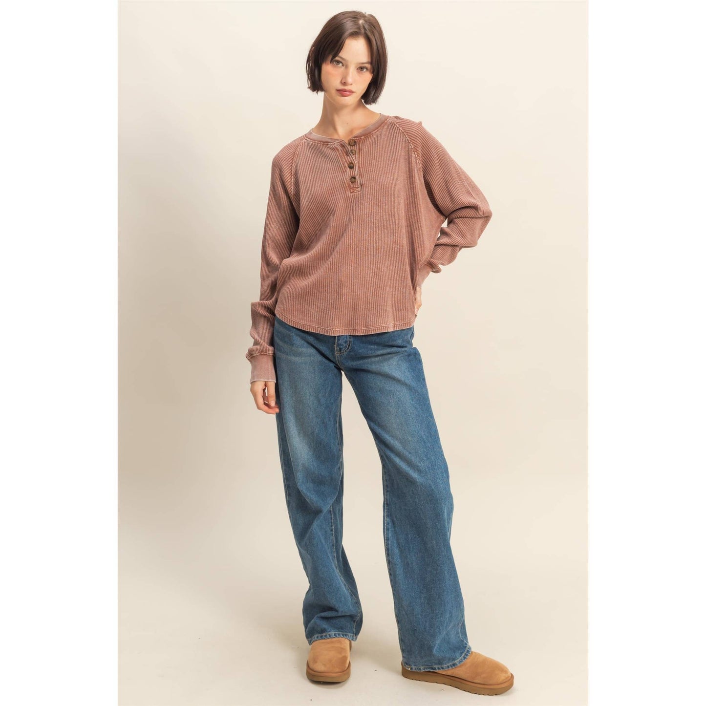 HYFVE - Mineral Washed Henley Waffle Raglan Sleeve Top