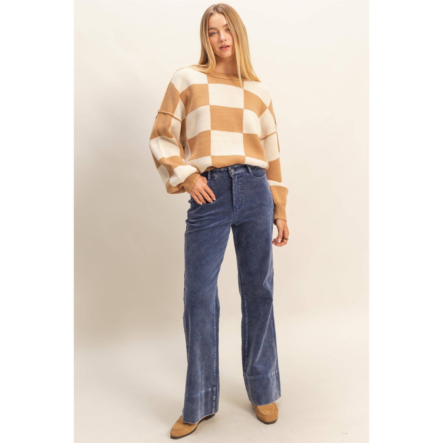 HYFVE - Trendy Crew Neck Checkered Knit Sweater