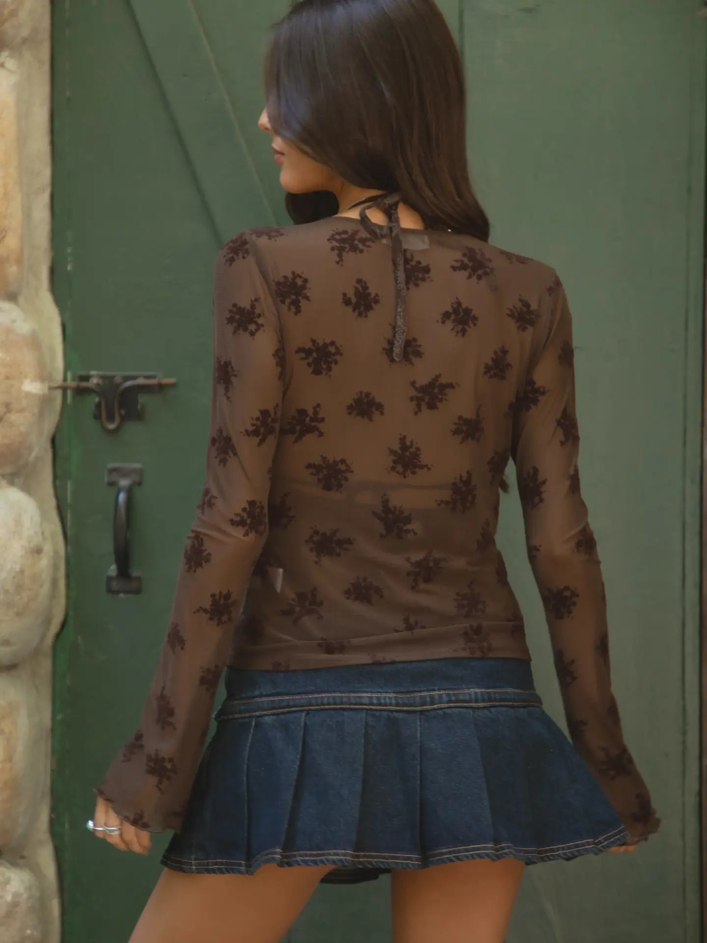 TICTOC Linette Brown floral mesh long sleeve top