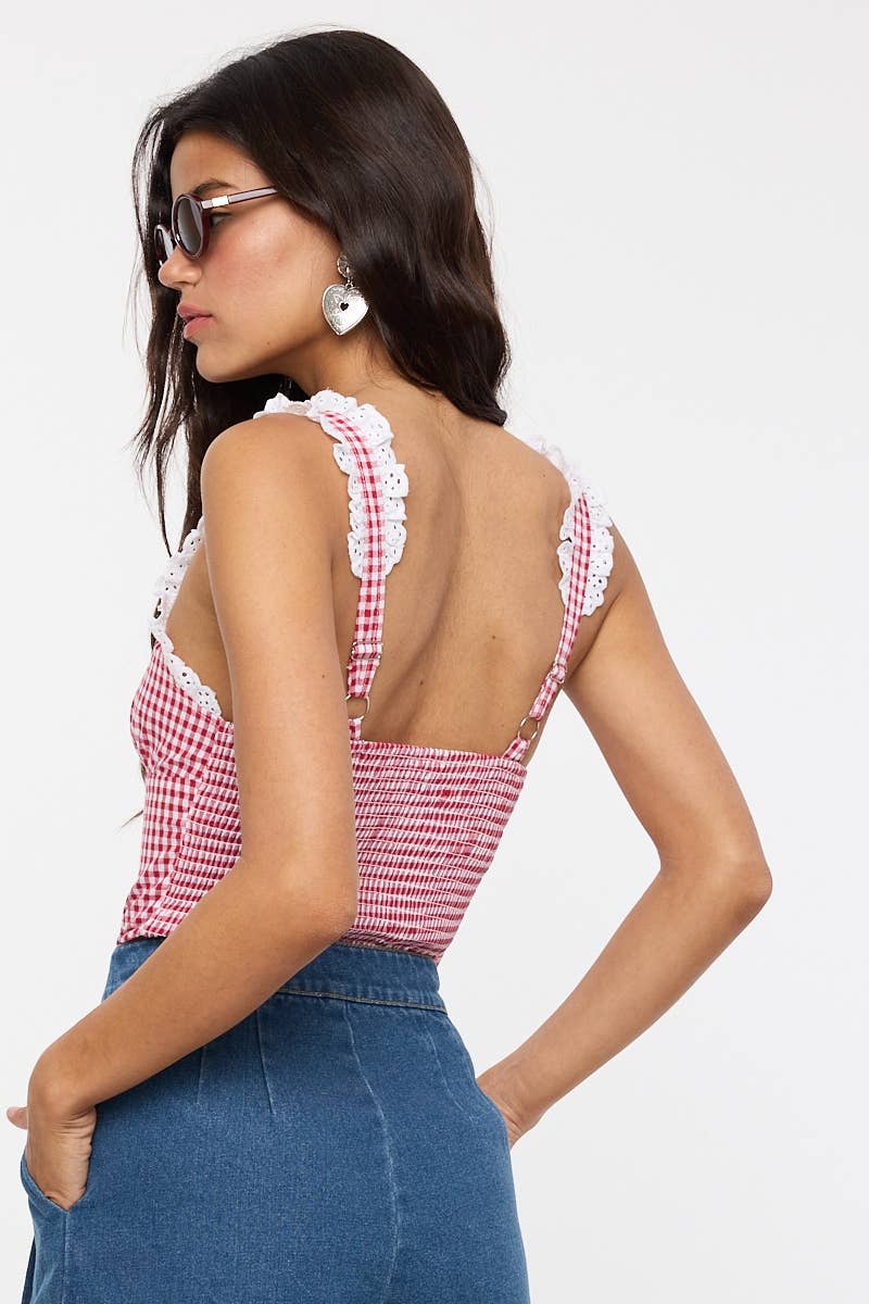 Sky to Moon - VIVID GINGHAM EYELET LACE TRIM CASUAL BODYSUIT