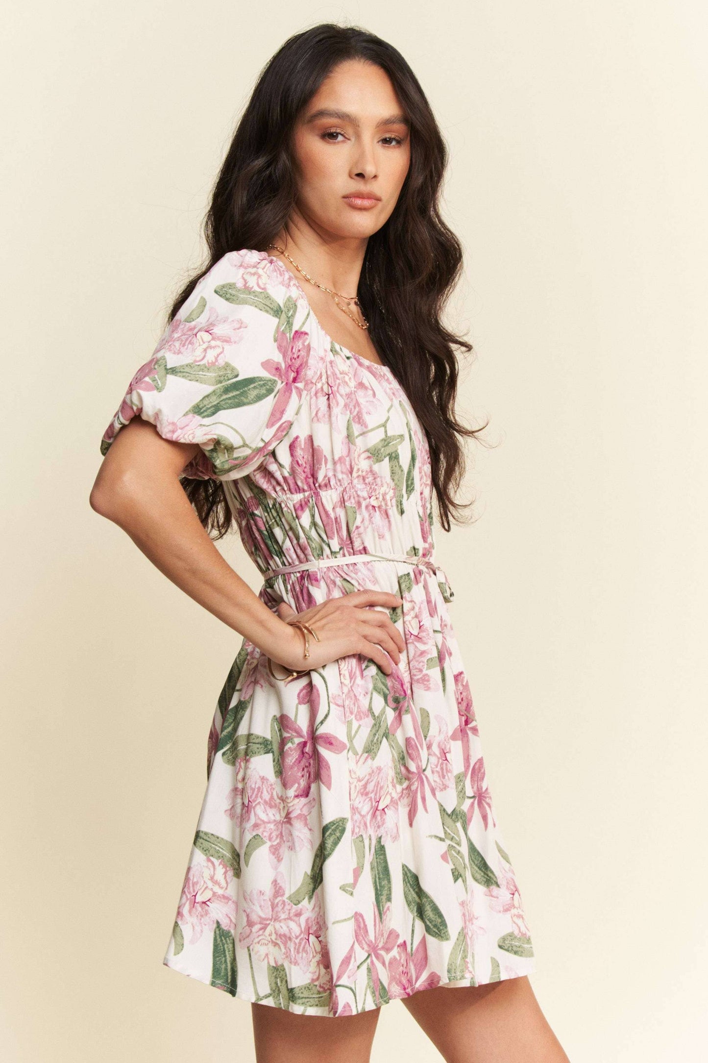 Davi & Dani - FLORAL SQUARE NECK PUFF SLEEVE A-LINE SHORT DRESS