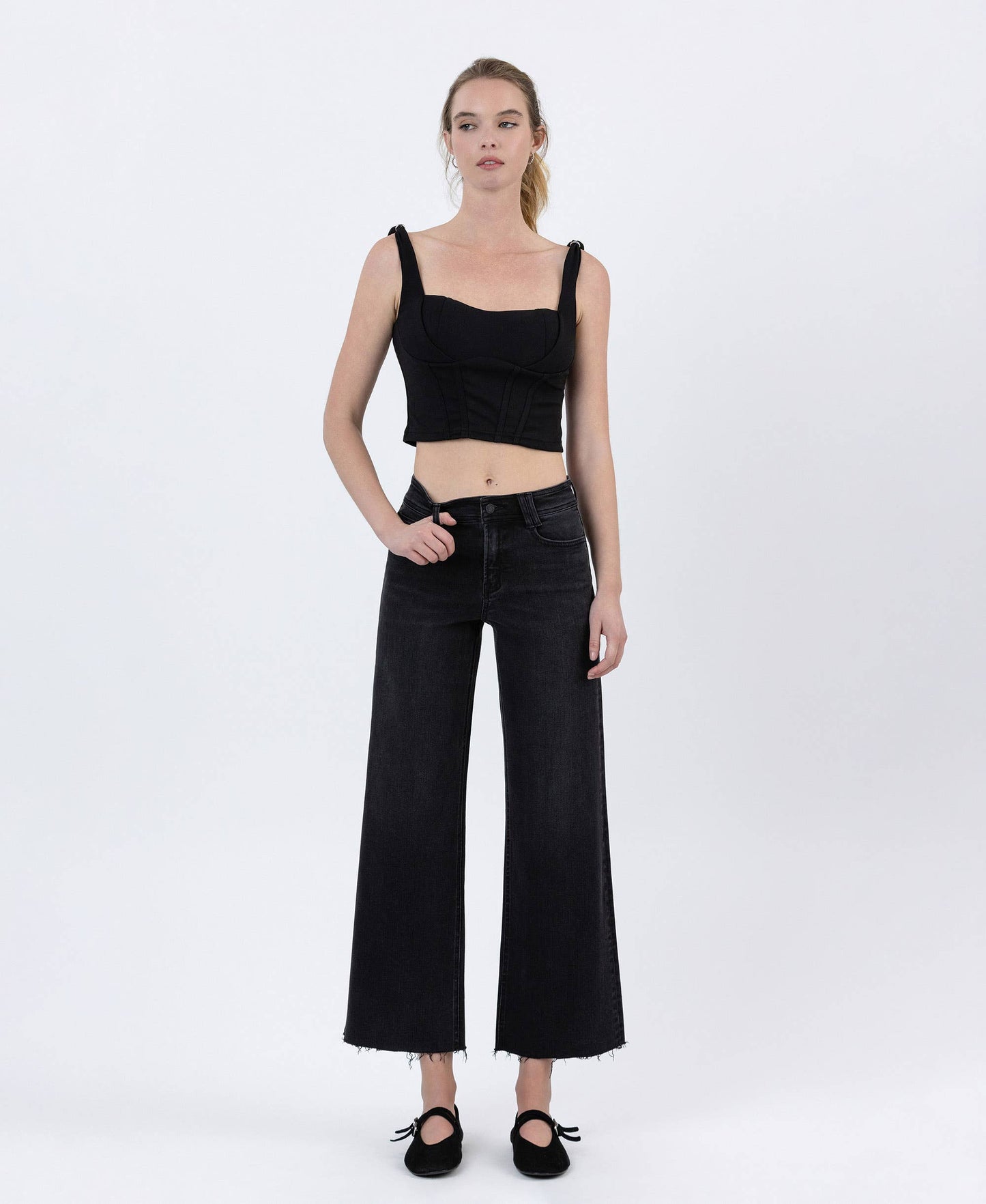 FLYING MONKEY - HIGH RISE RAW HEM ANKLE WIDE JEANS