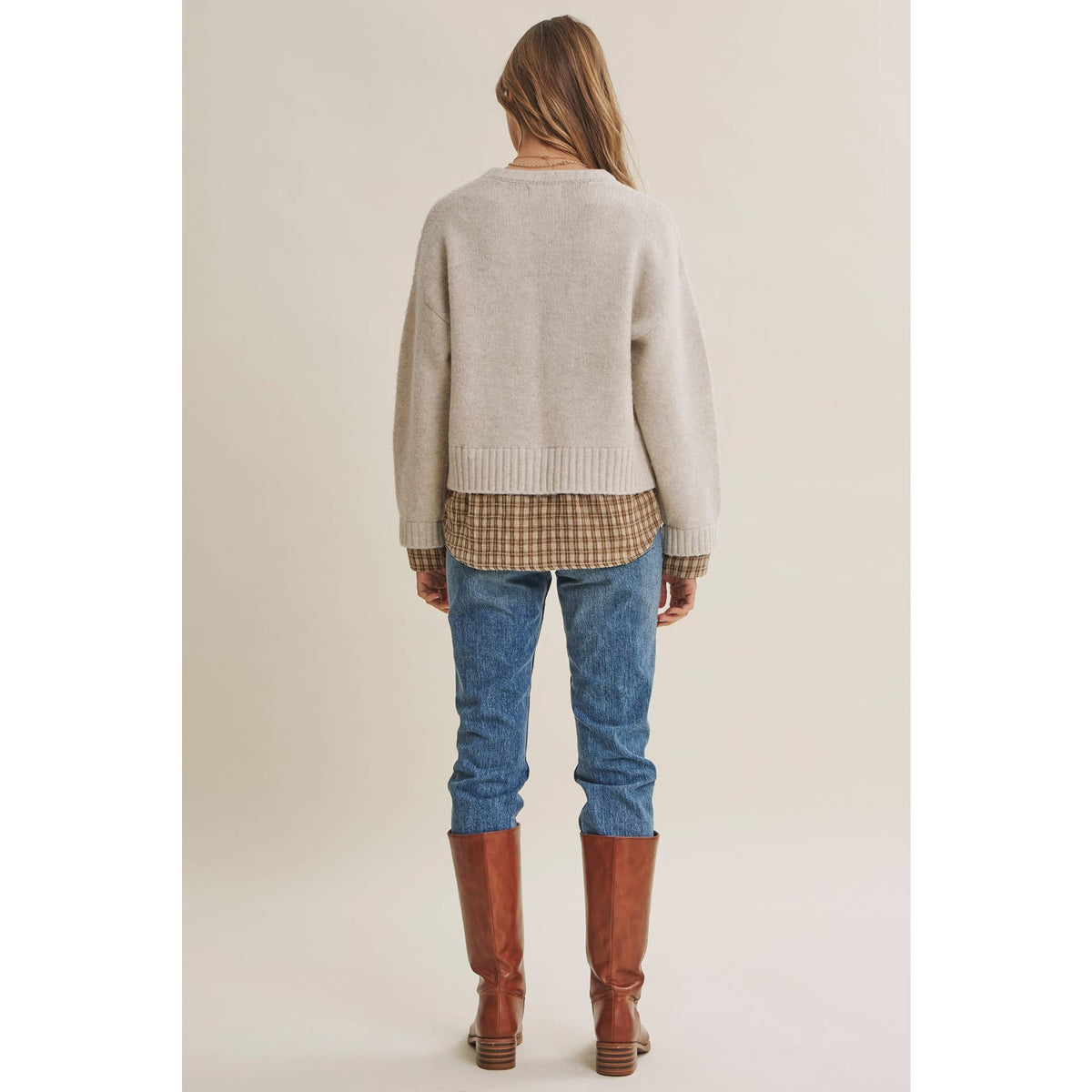 in february - COUNTRY ROAD LAYERED PLAID HEM TWOFER SWEATER TOP