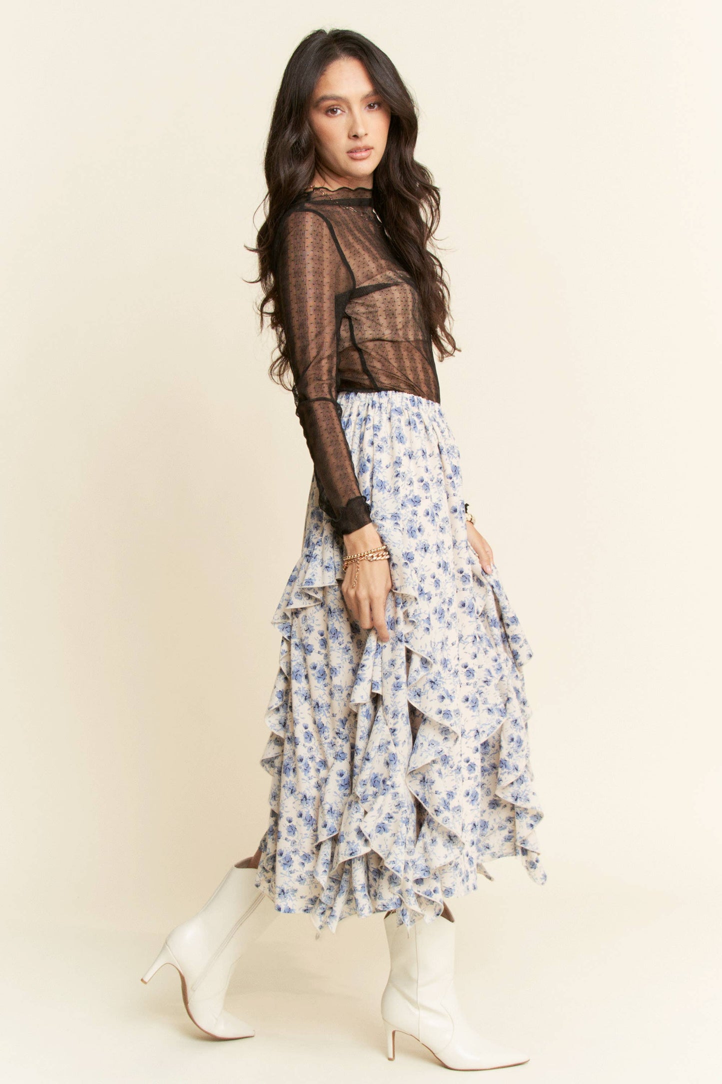 Davi & Dani - FLORAL ELASTIC WAISTBAND RUFFLE TIERED MAXI SKIRT