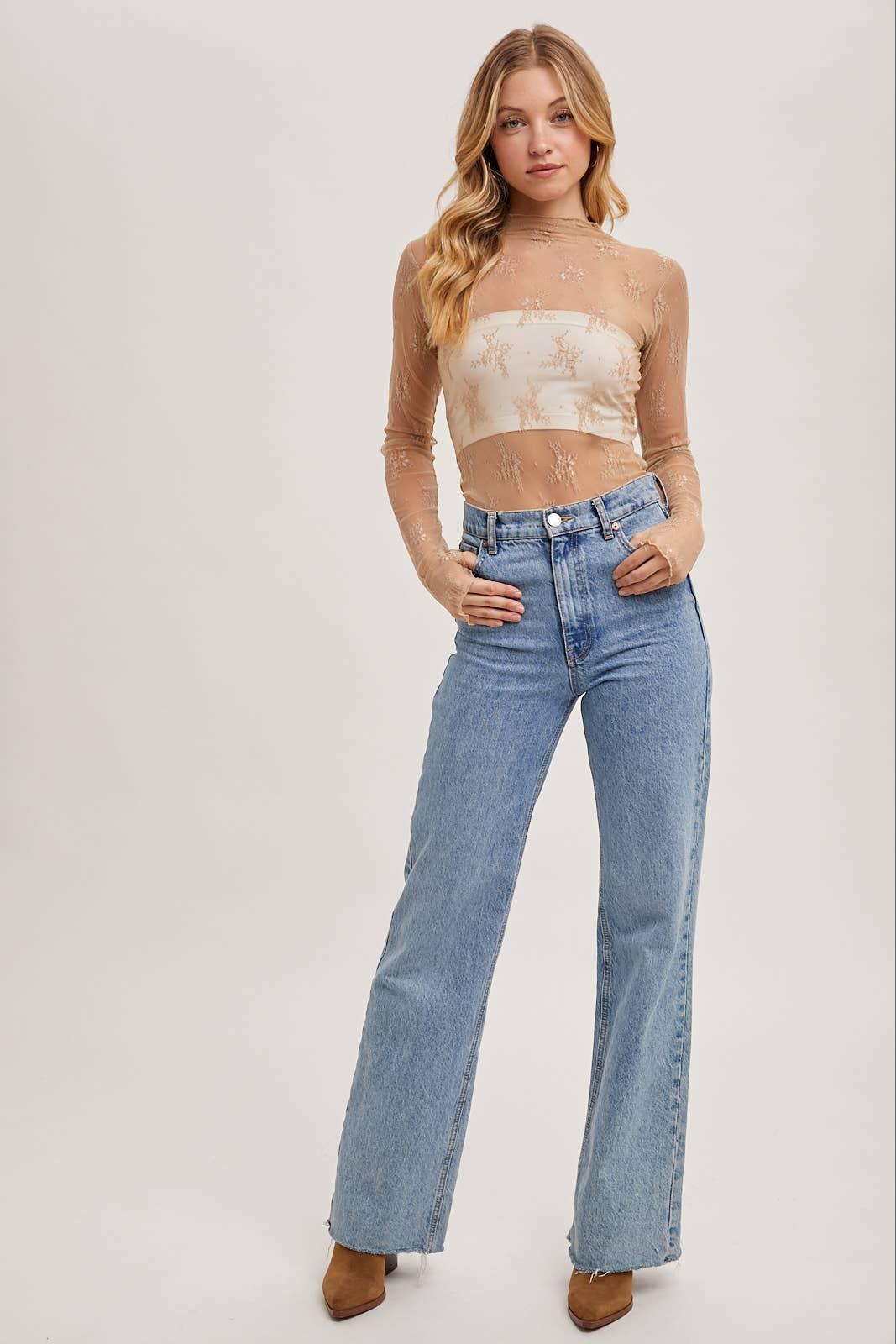 Bluivy - FLORAL EMBROIDERY LACE MESH LAYERING TOP