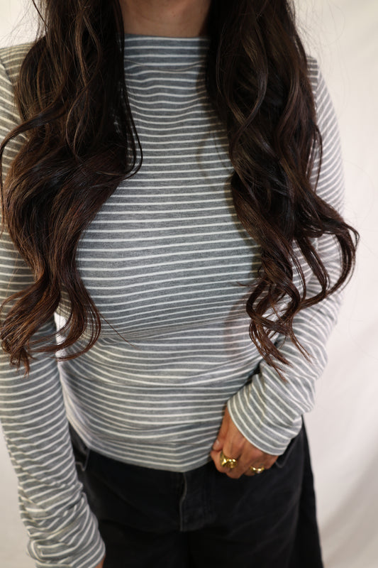 Something About You striped fitted rolled mock neck long sleeve shirt