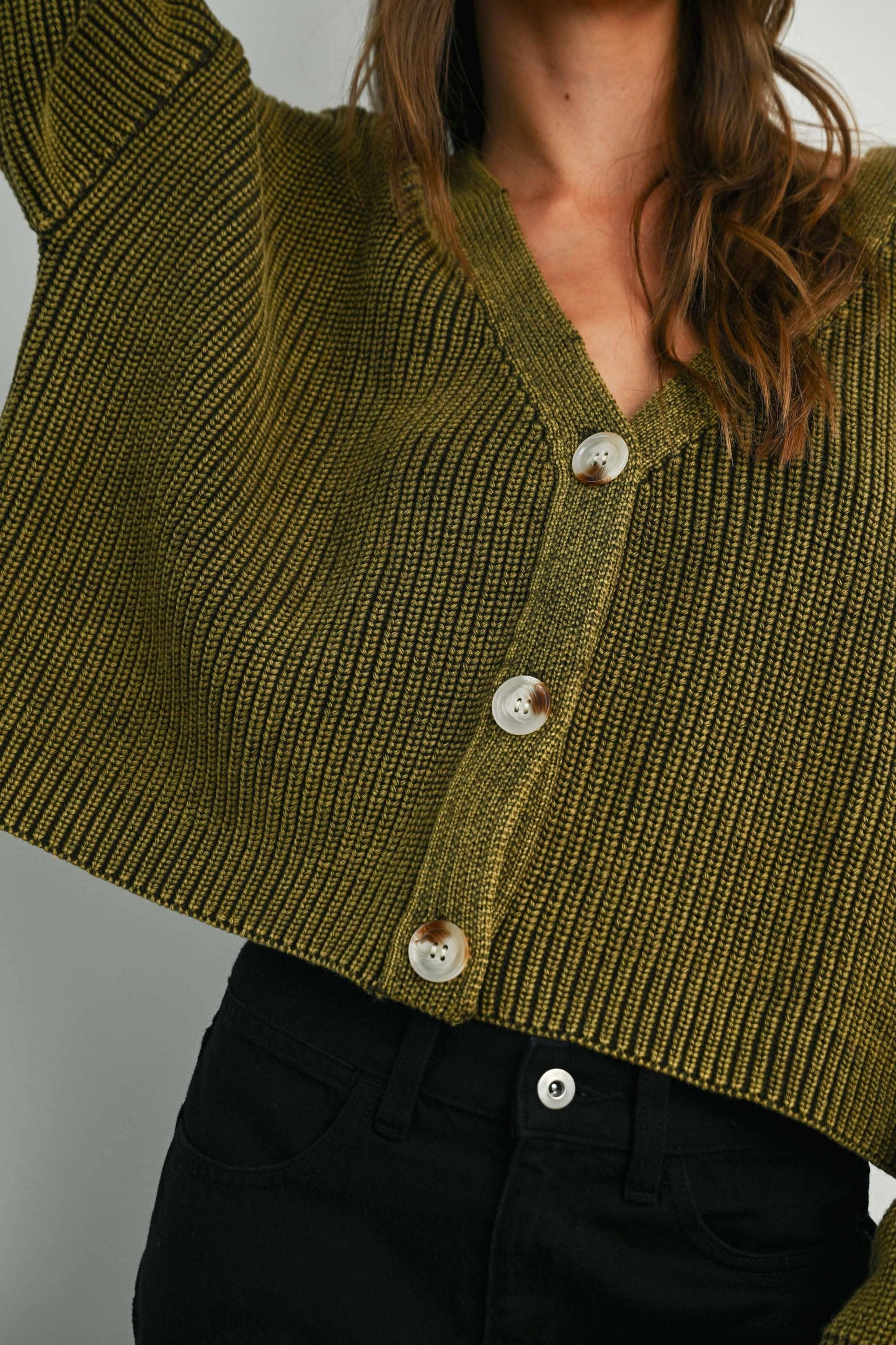 BUTTERMELON - V-Neck Buttoned Ribbed Long Sleeve Cardigan