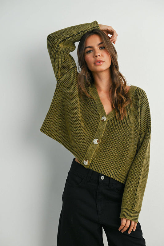 BUTTERMELON - V-Neck Buttoned Ribbed Long Sleeve Cardigan