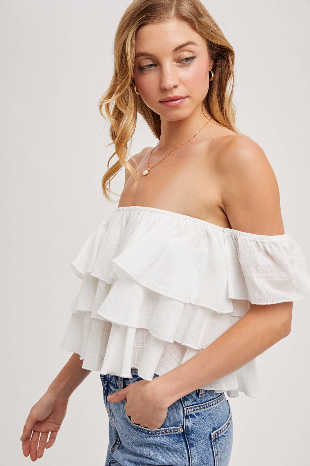 Bluivy - TEXTURED OFF-THE-SHOULDER TIERED CROP TOP