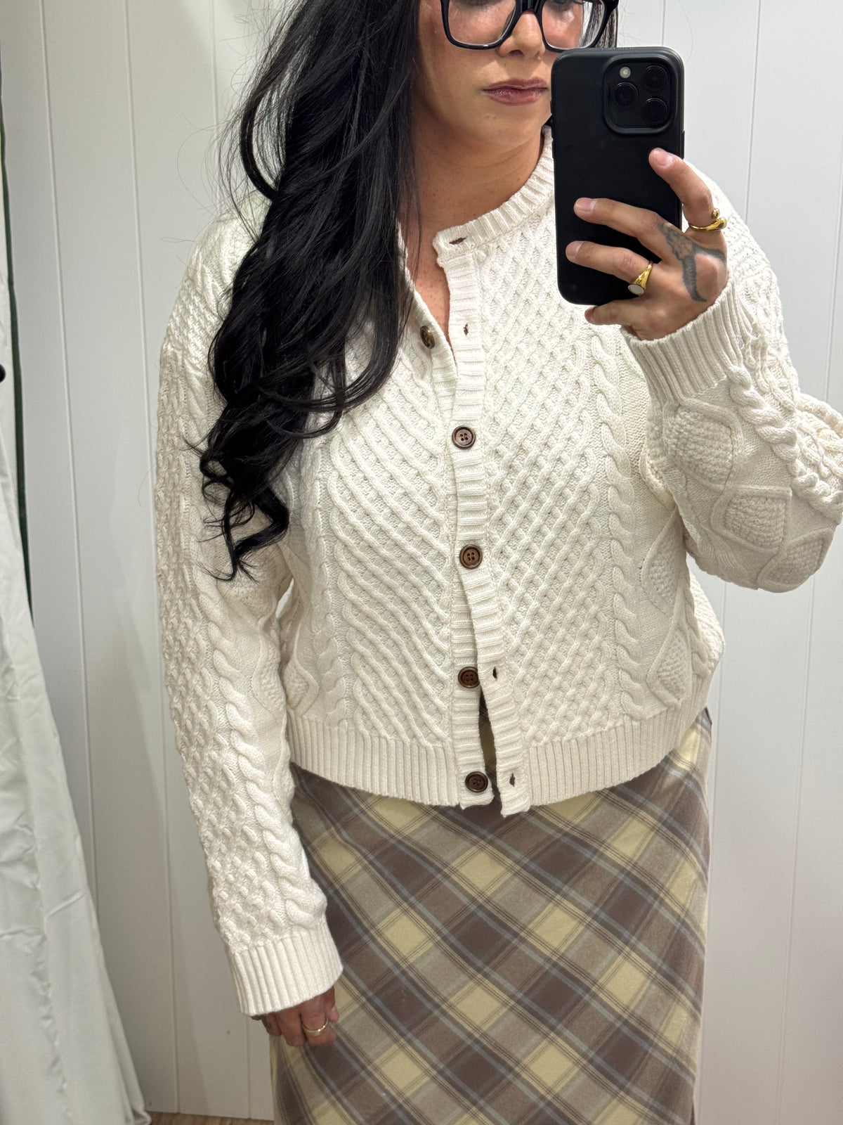 Just The Thing cable knit button front cardigan