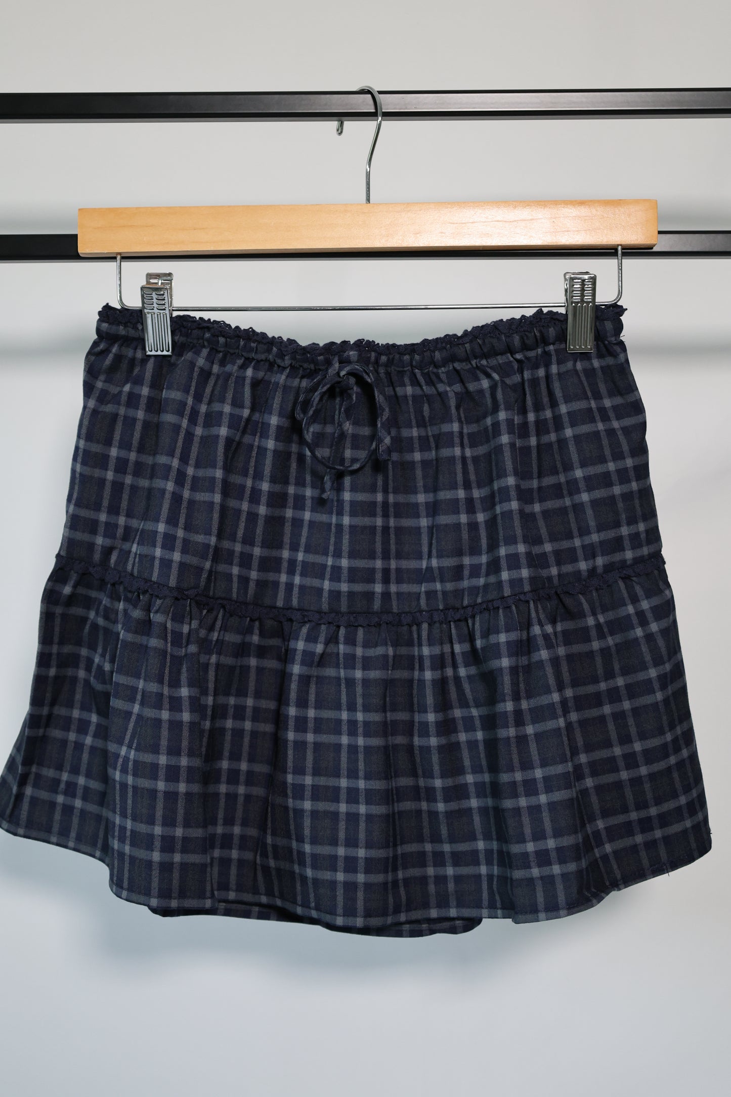 Wishlist - Navy Plaid Flare Skirt w/ Drawstring