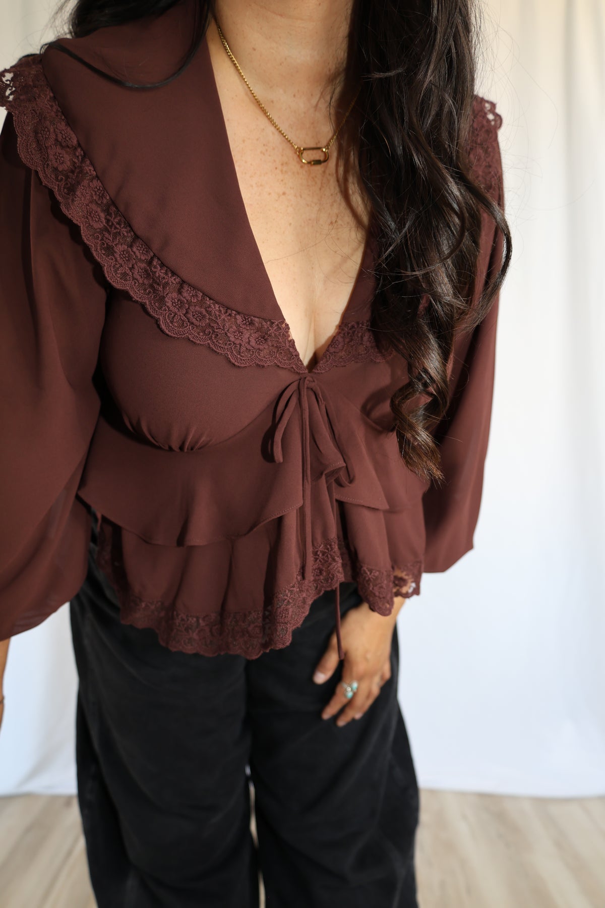 VIP long sleeve chiffon blouse with lace detailing