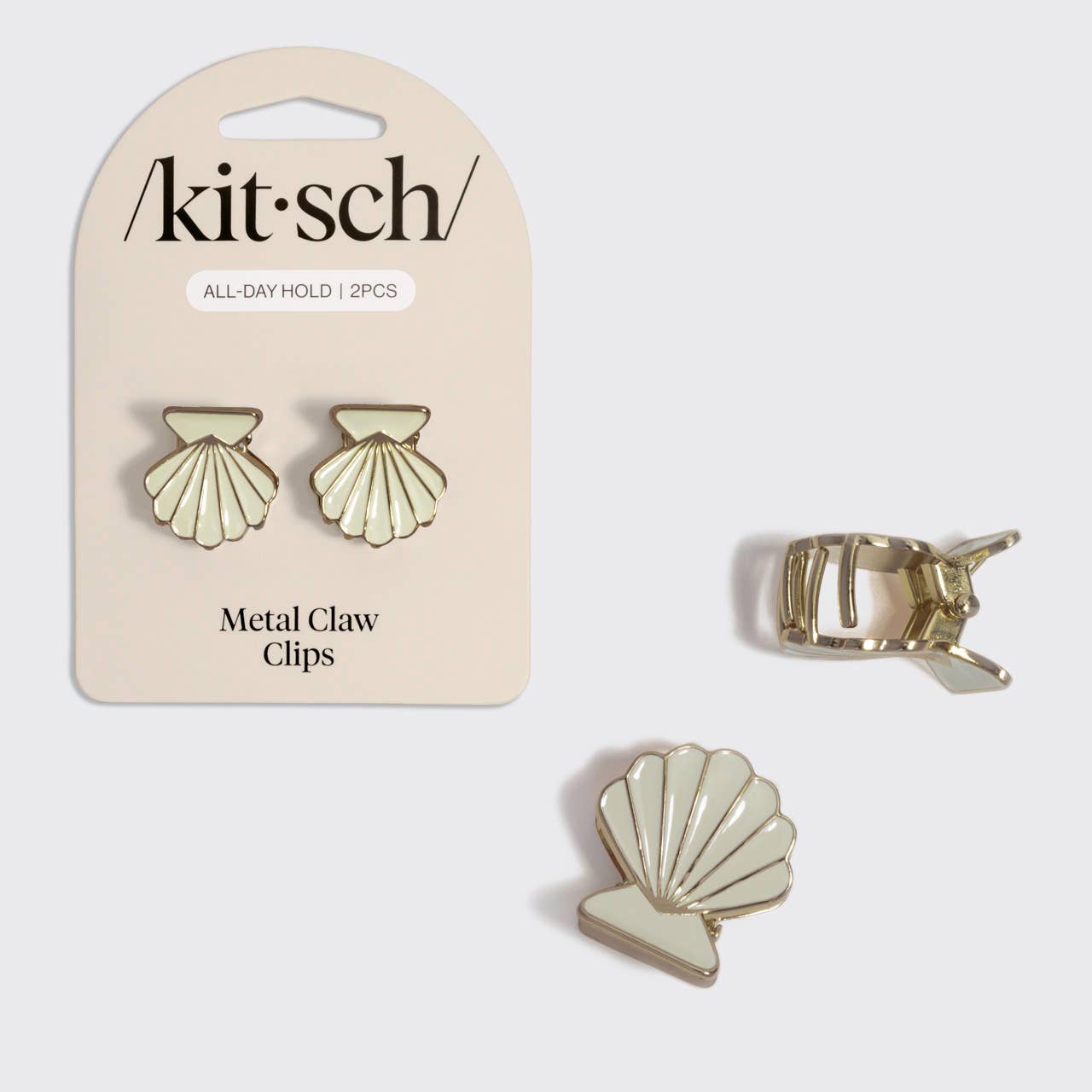 KITSCH - Metal Clam Shell Hair Clip 2pc Set - Gold & Pearlized Cream