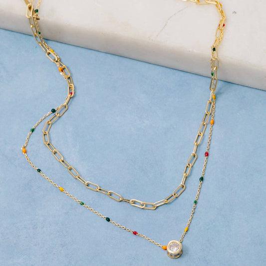 Fame Accessories - Gold Dipped Enamel Cz Pendant Layered Necklace