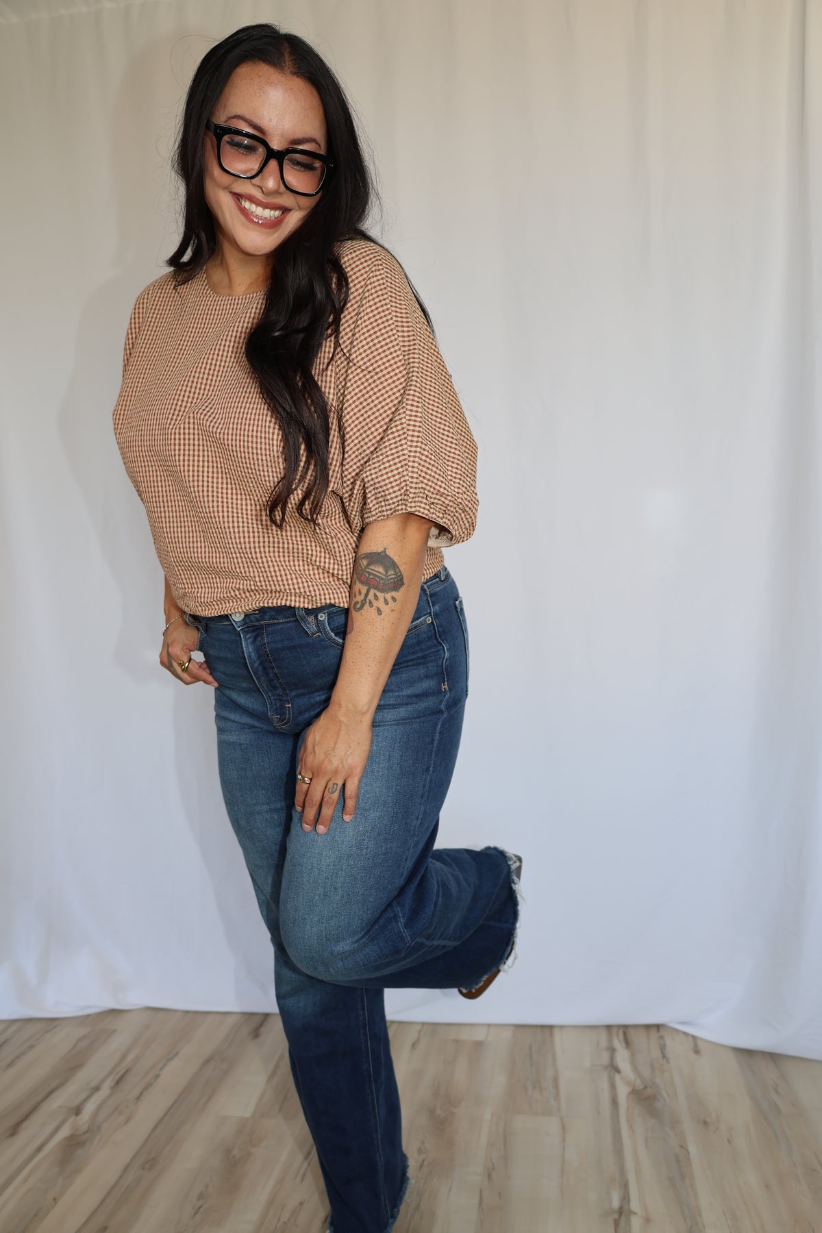 Let The Leaves Fall crop gingham dolman sleeve top