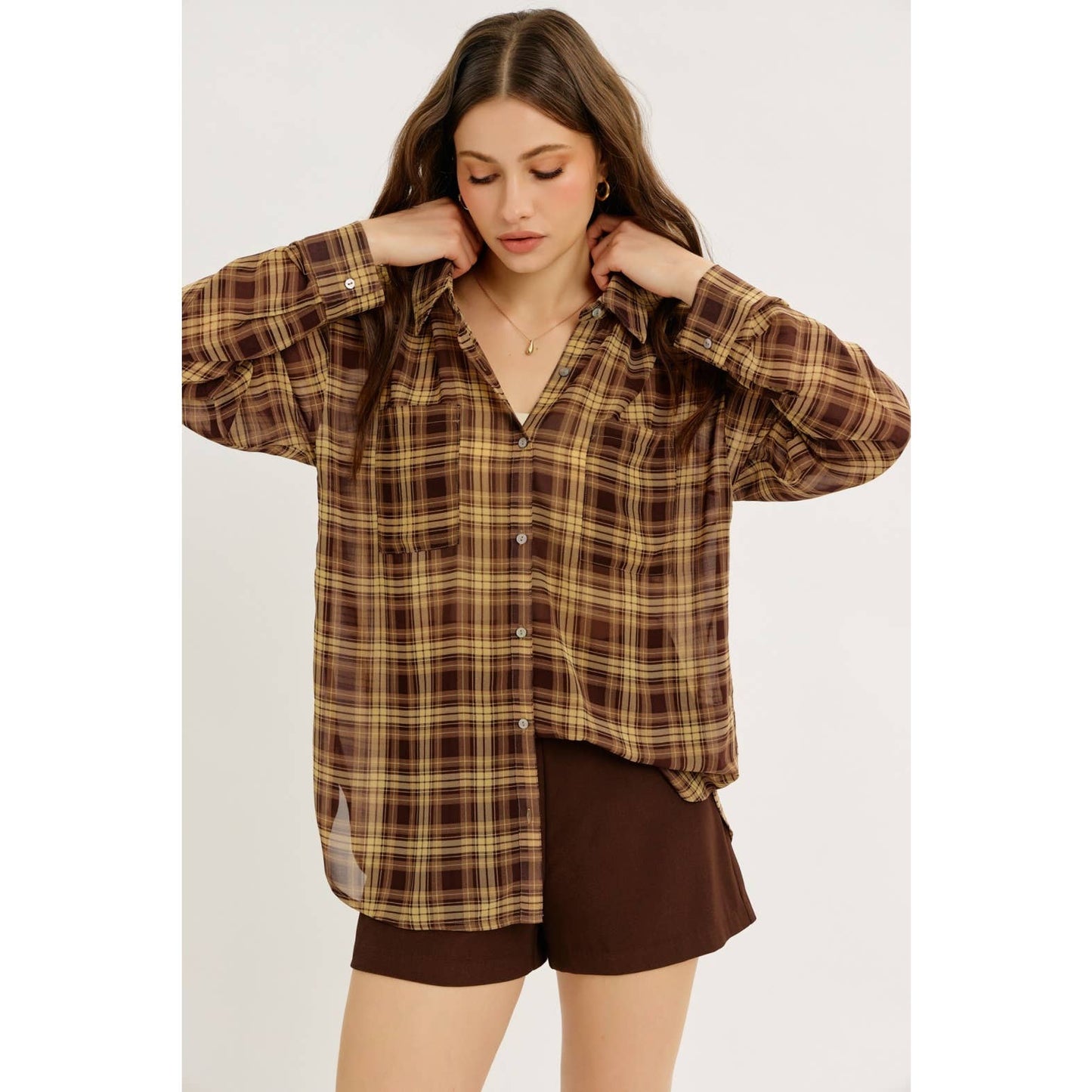 idem ditto - EDGY TRANSPARENT SHEER PLAID CHIFFON BUTTON-DOWN SHIRT