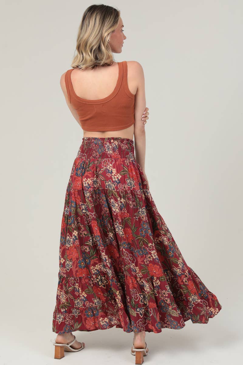 ANGIE -TIERED A LINE SMOCKED WAIST PRINTED MAXI SKIRT