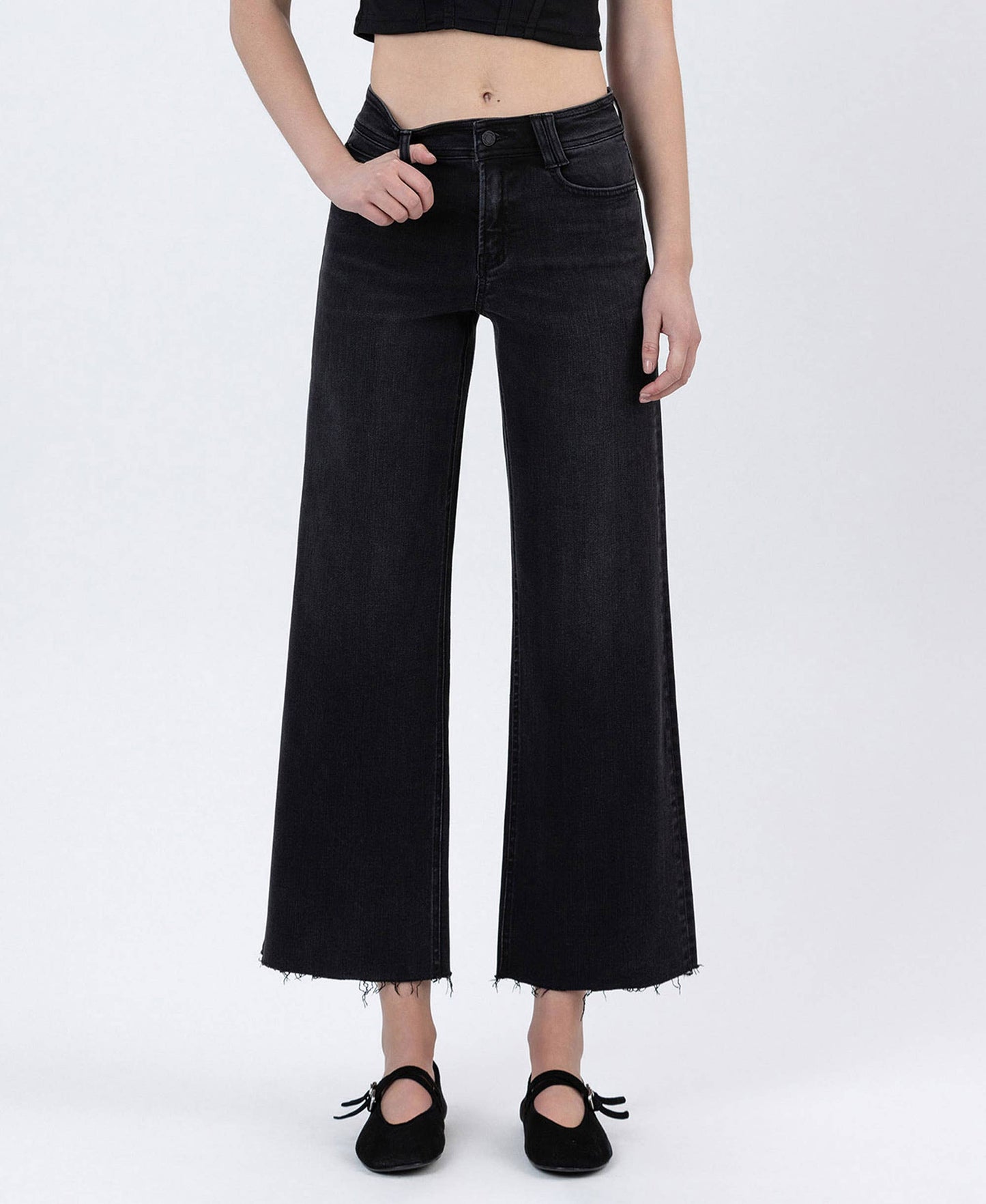 FLYING MONKEY - HIGH RISE RAW HEM ANKLE WIDE JEANS