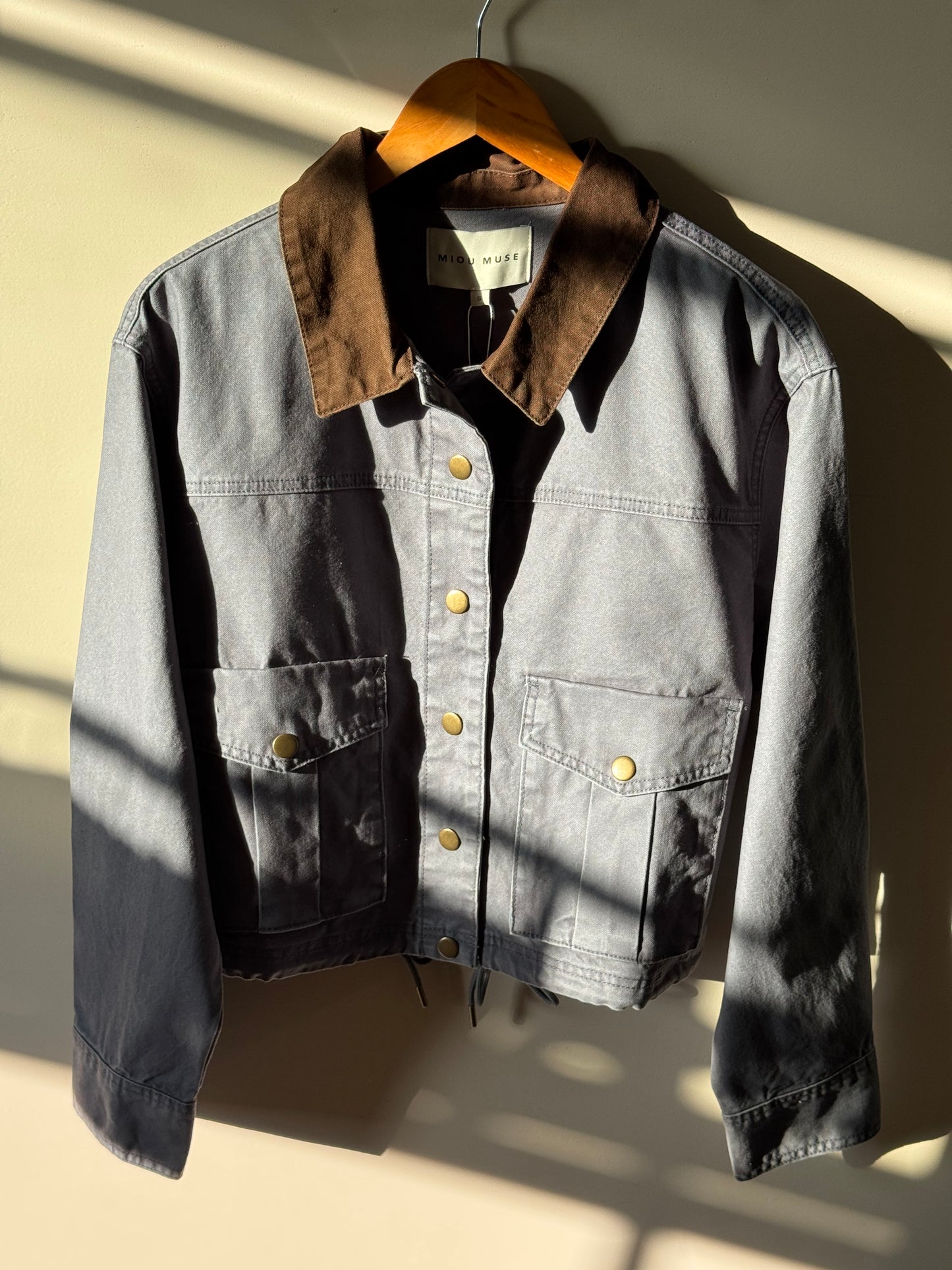 Miou Muse - Navy/Chocolate Collared Cropped Utility Jacket w/ Waist Cinch