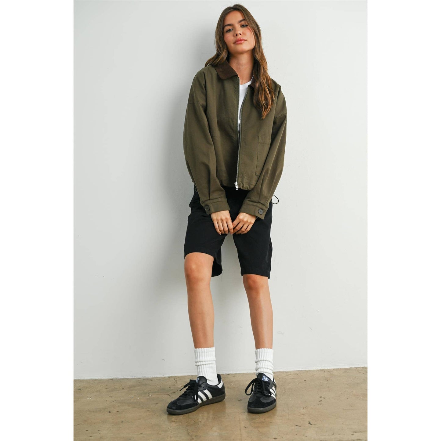 BUTTERMELON - Collared Zip-Up Drawstring Jacket