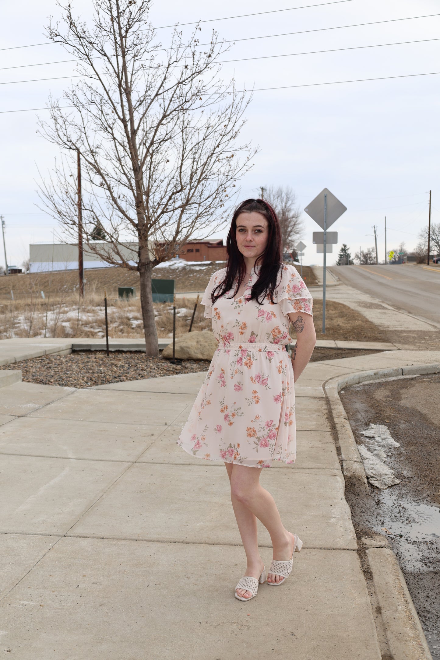 Lovestitch - Floral Smocked Yoke Flutter Sleeve Mini Dress